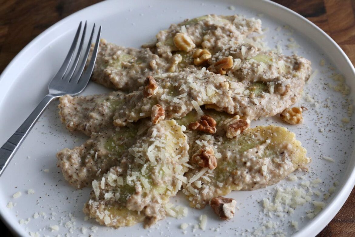 Pansotti Pasta with Genovesi Walnut Pesto Sauce