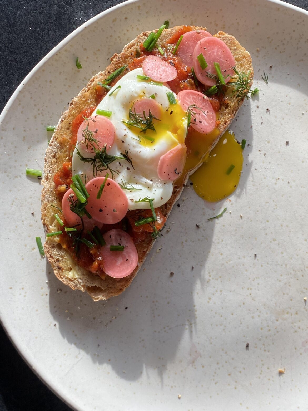 Poached egg with smashed tomatoes and radish