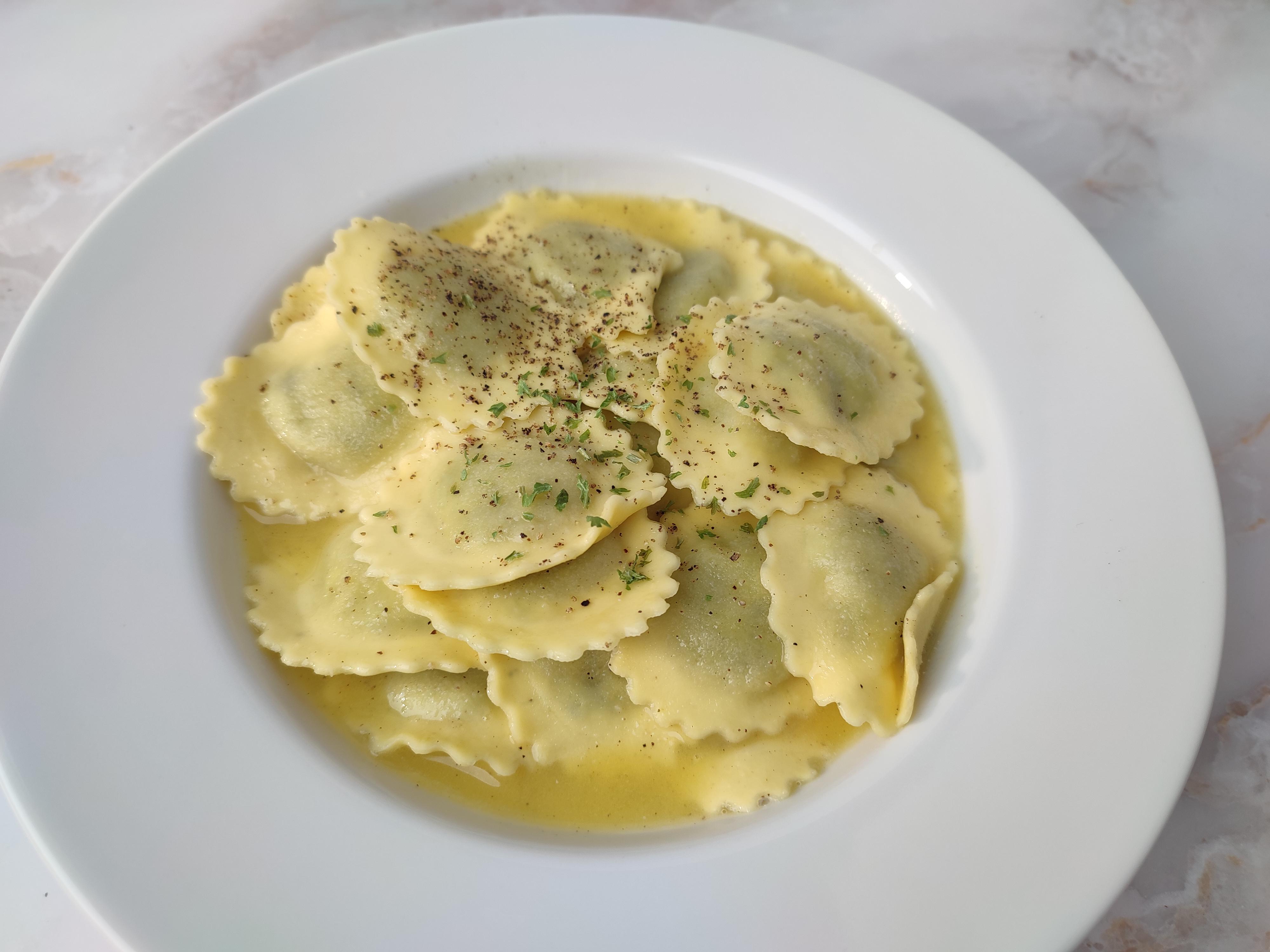 Spinach ricotta (store bought but good quality) ravioli with homemade