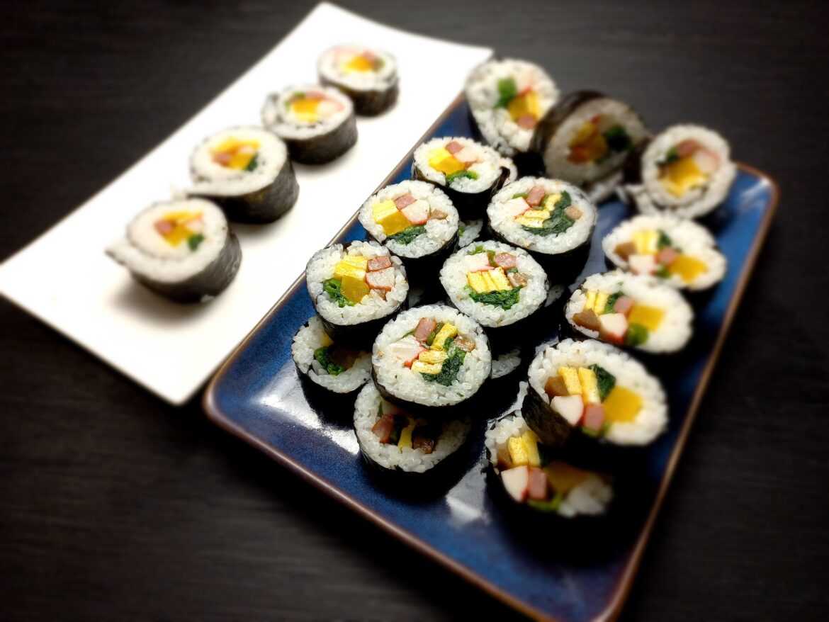 My first attempt at kimbap 🙂 (the gargantuan monstrosity on the left is my very first)