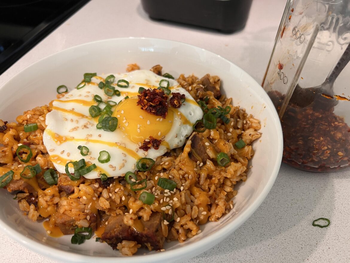 Kimchi and Brisket fried rice with egg and house made hot oil