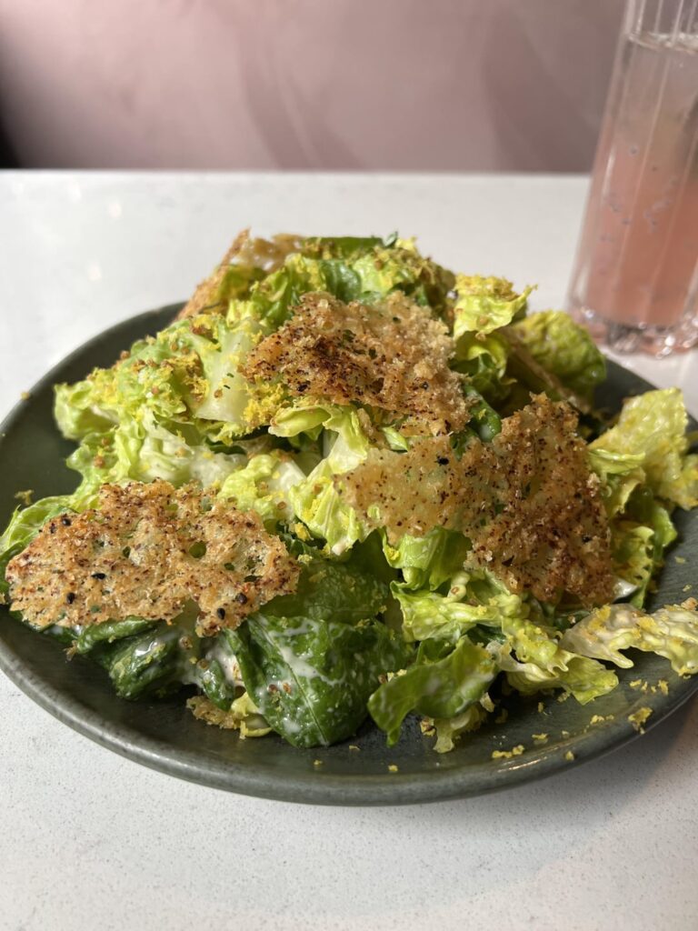 Lunch at Wolfsglen: Buttermilk miso Ceasar Salad, roasted chicken w/aji verde, yuzu crème brûlée with shiso granite. Westwood $54