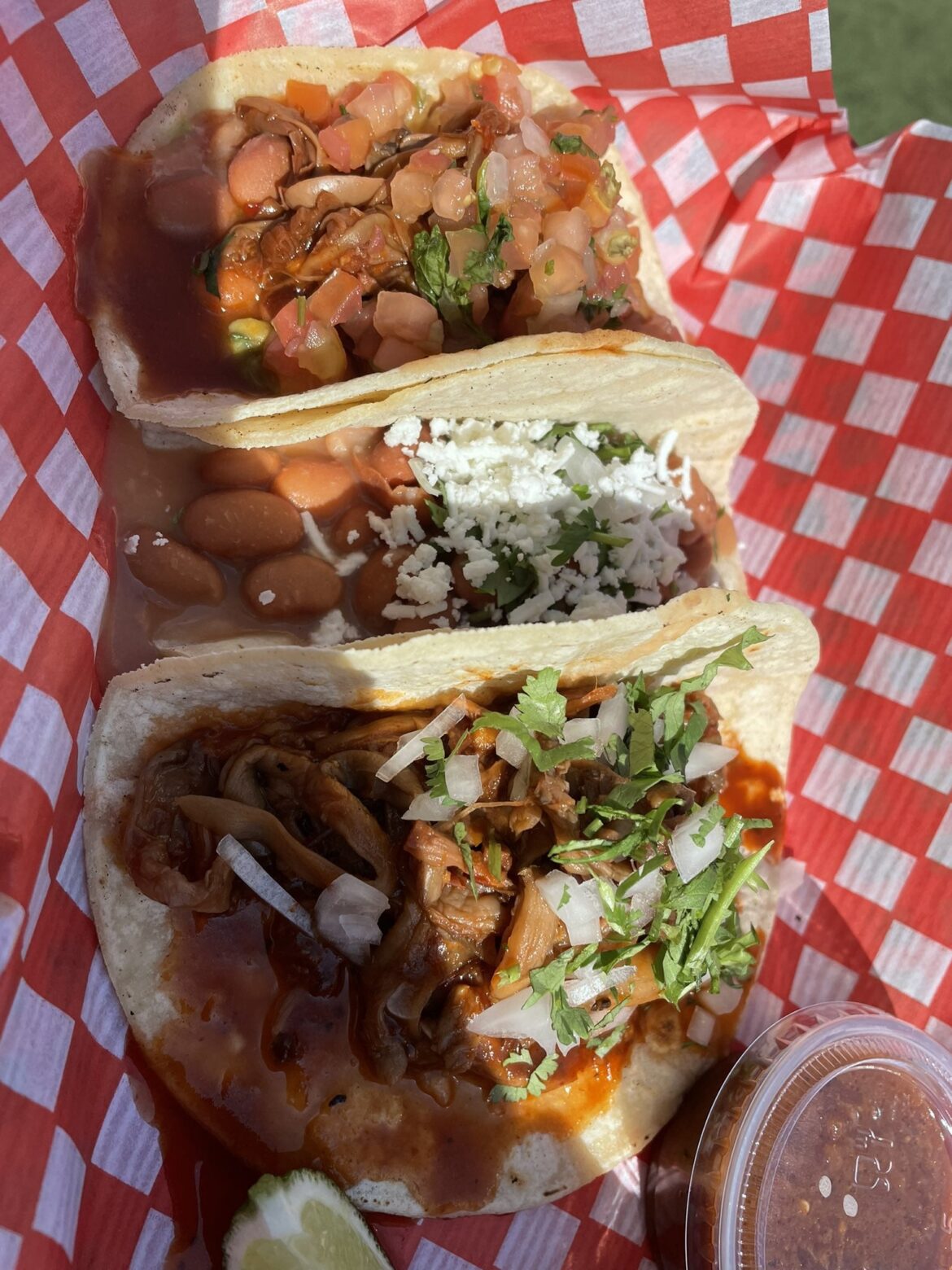 Meatless taco trio: the 'pulled mushroom' texture was fantastic