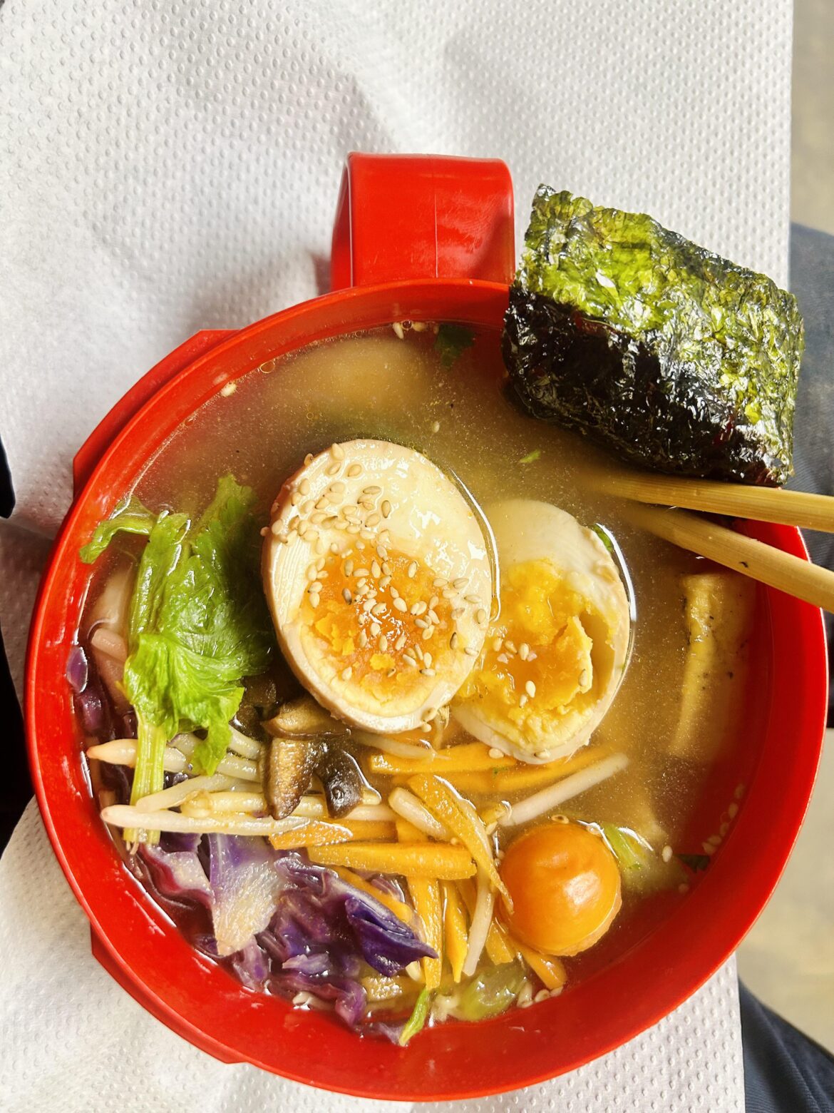 Good morning. Happy Morse Code Day. Trying Immi plant based ramen for the first time. With ramen egg (real) veggies and tofu. Have an awesome day.
