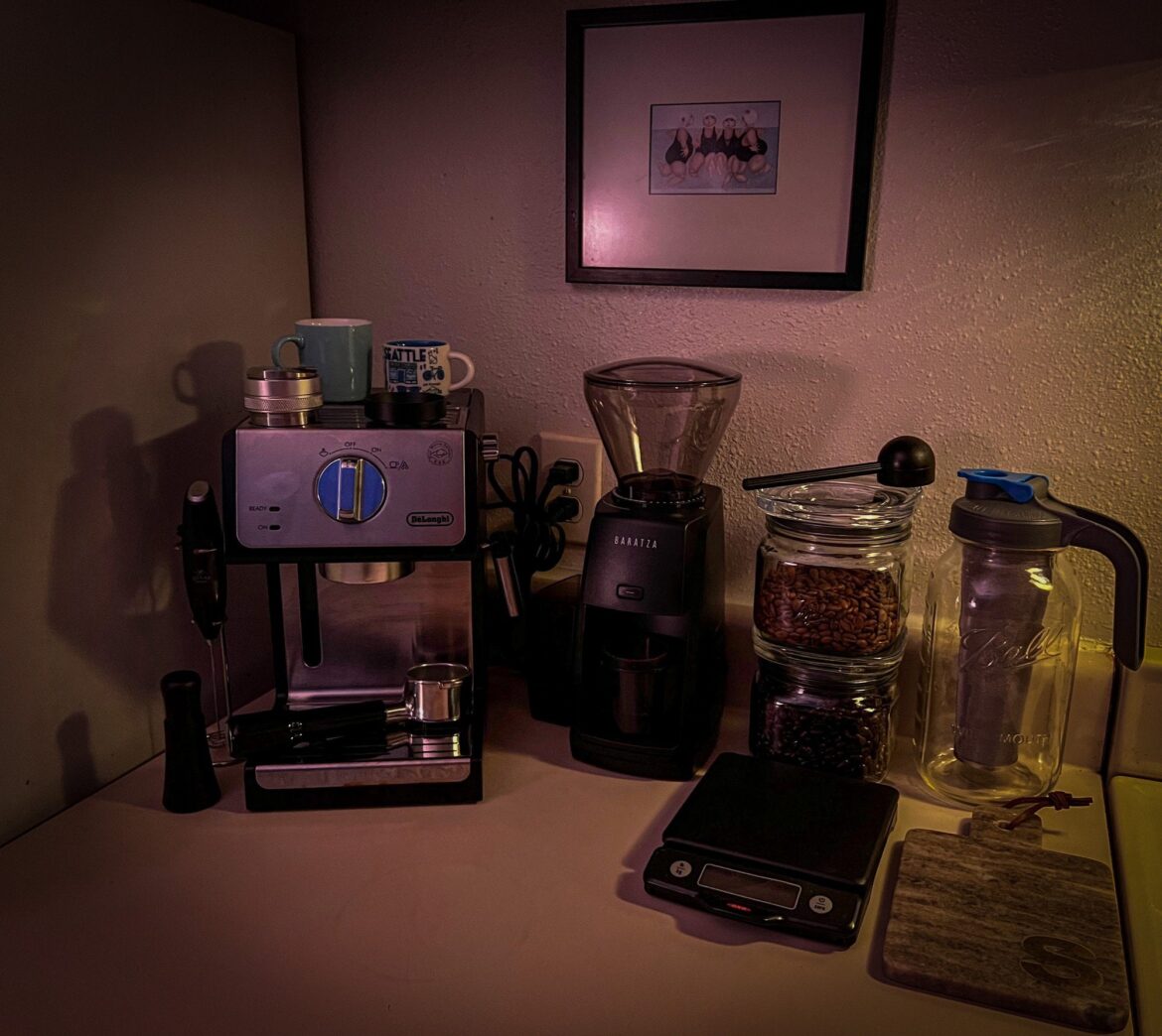 My cozy little coffee station, featuring my new Encore ESP.