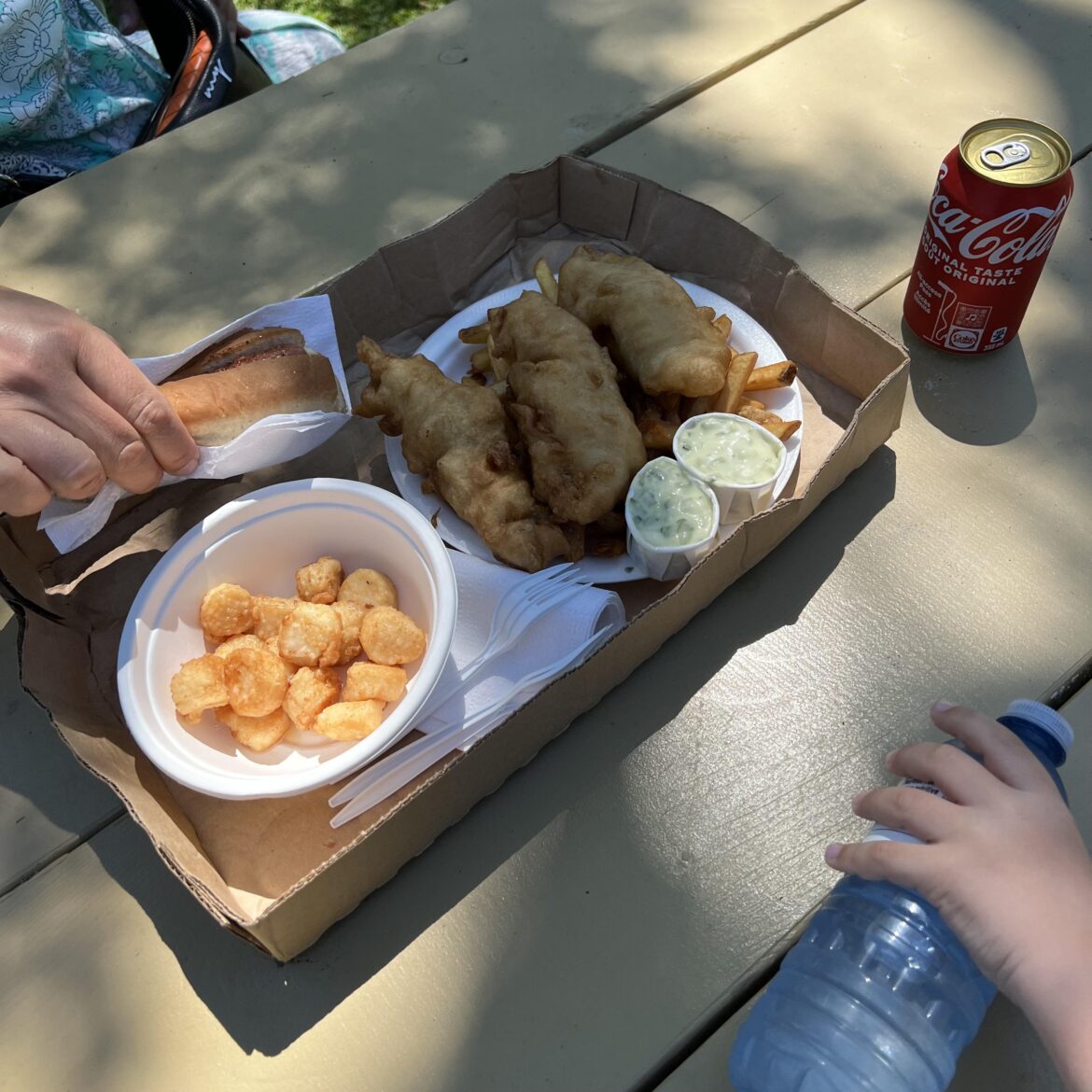 Fish and chips and fried scallops from a food truck at Bayswater Beach Provincial Park, Nova Scotia, Canada