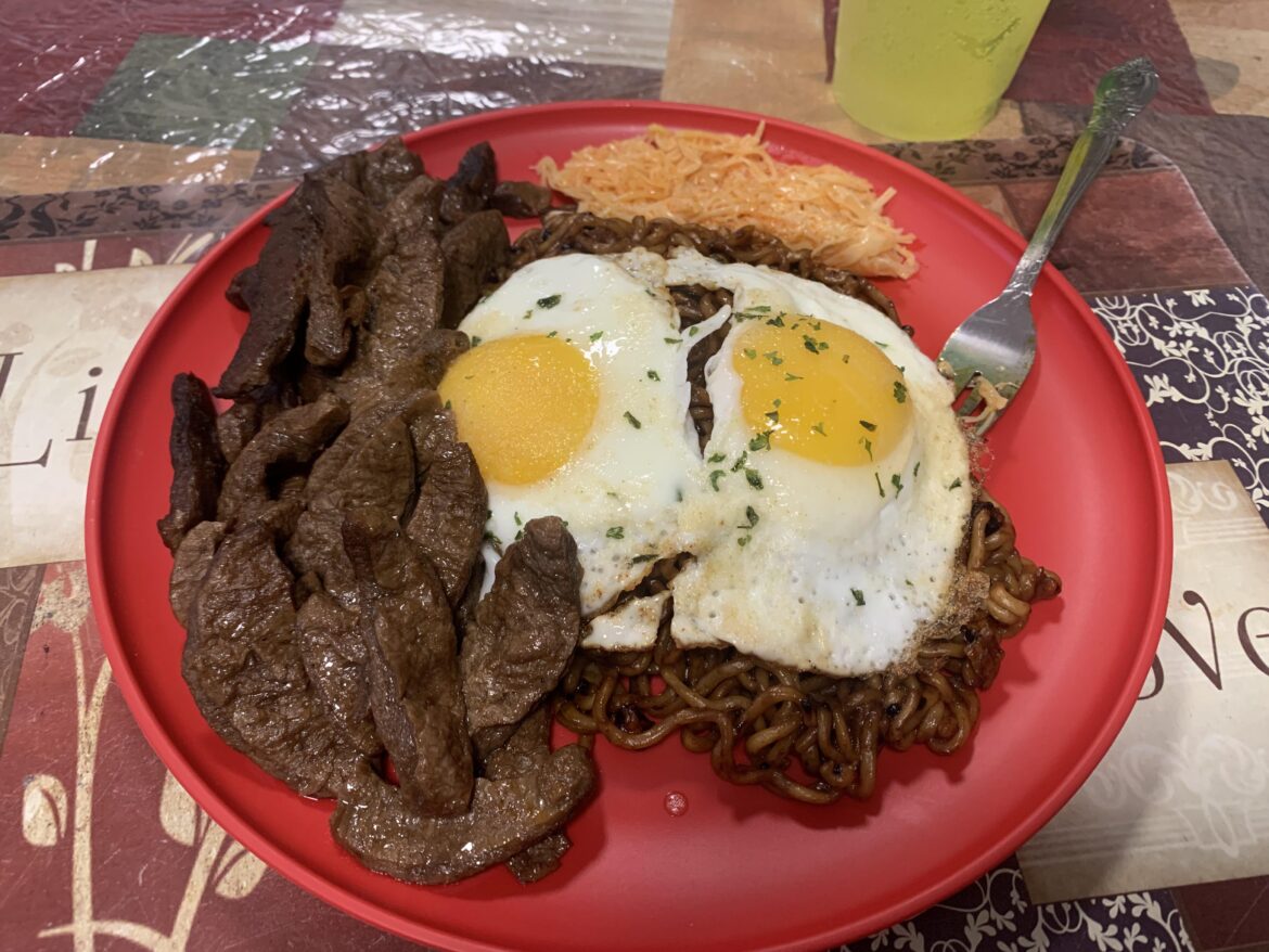 Fried eggs with black bean noodles and Korean BBQ steak ☺️