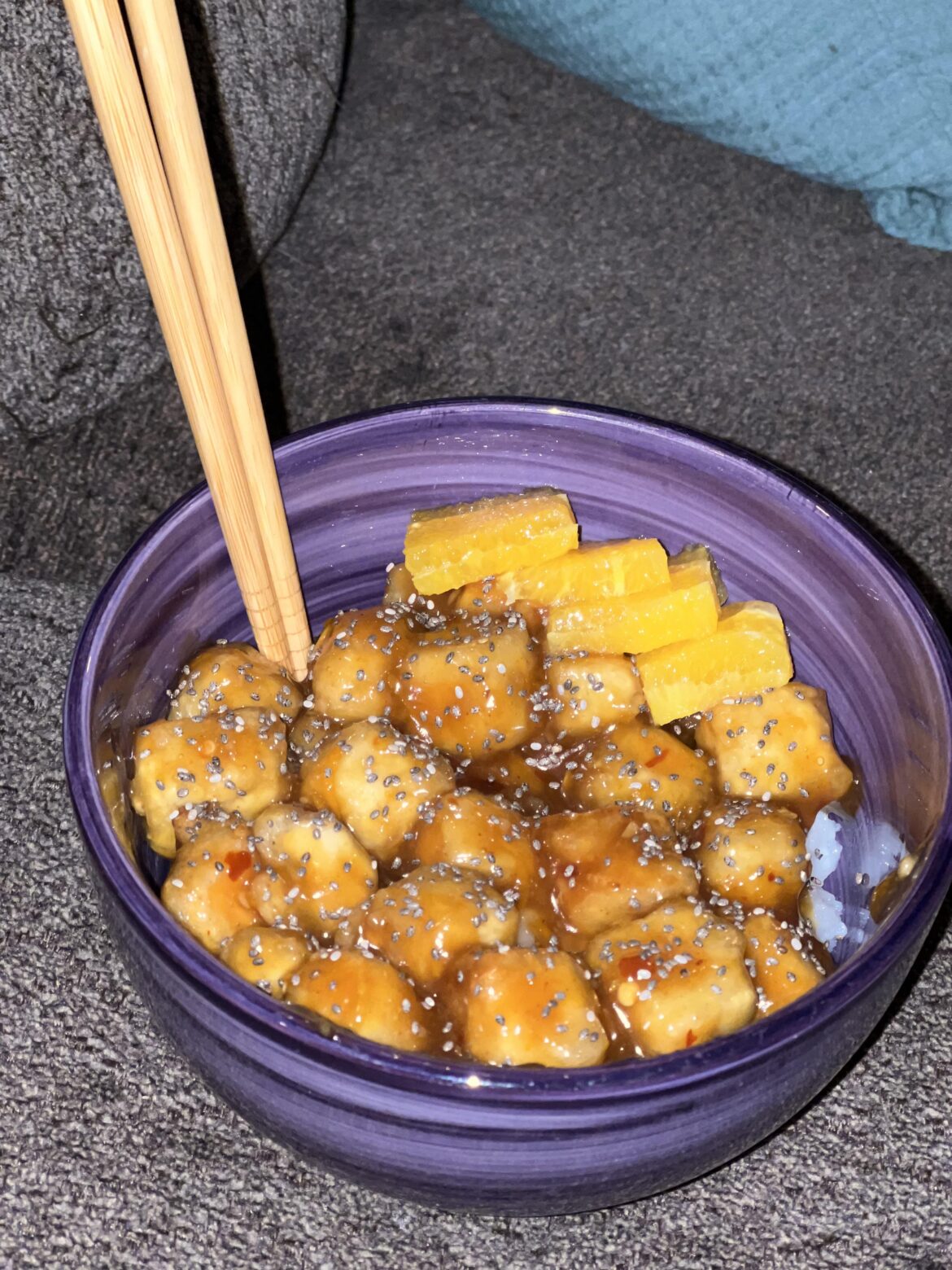 Orange tofu over rice