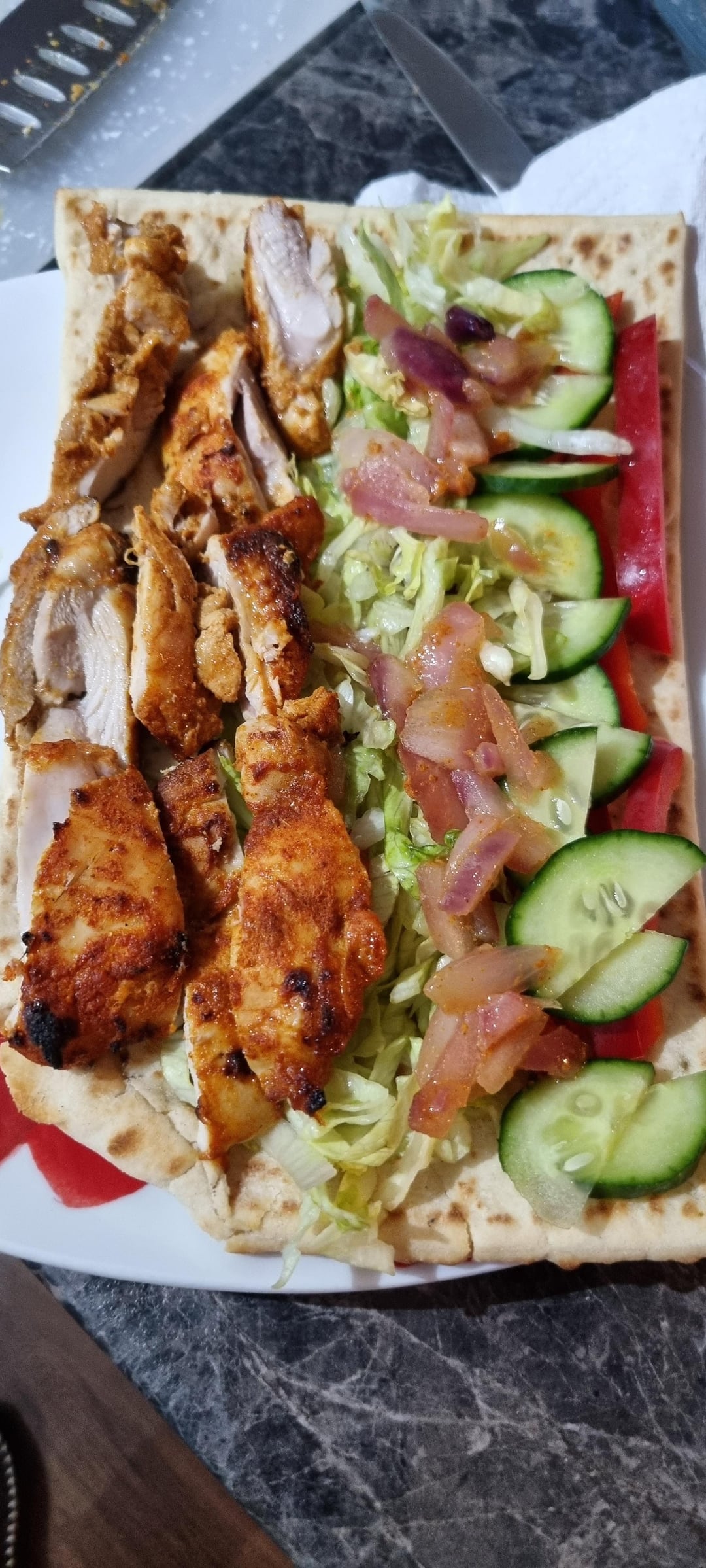 Home made tandoori (style) chicken thigh in Asda kebab bread, with