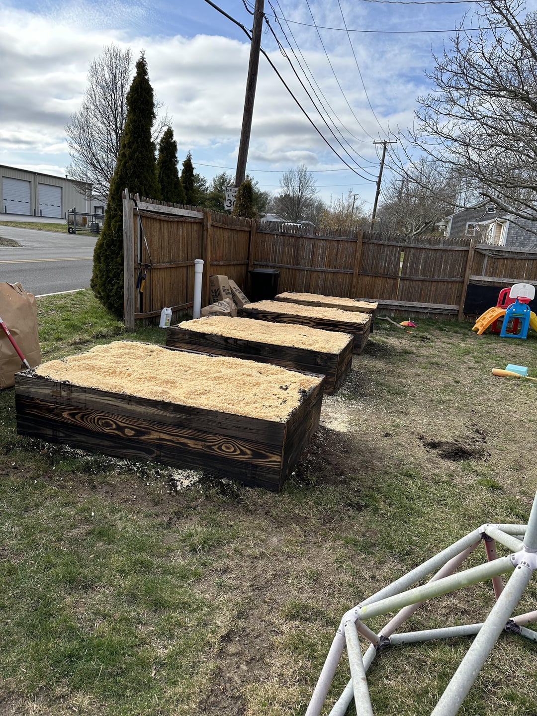 Raised beds are filled and resting, Seedlings are growing, Containers