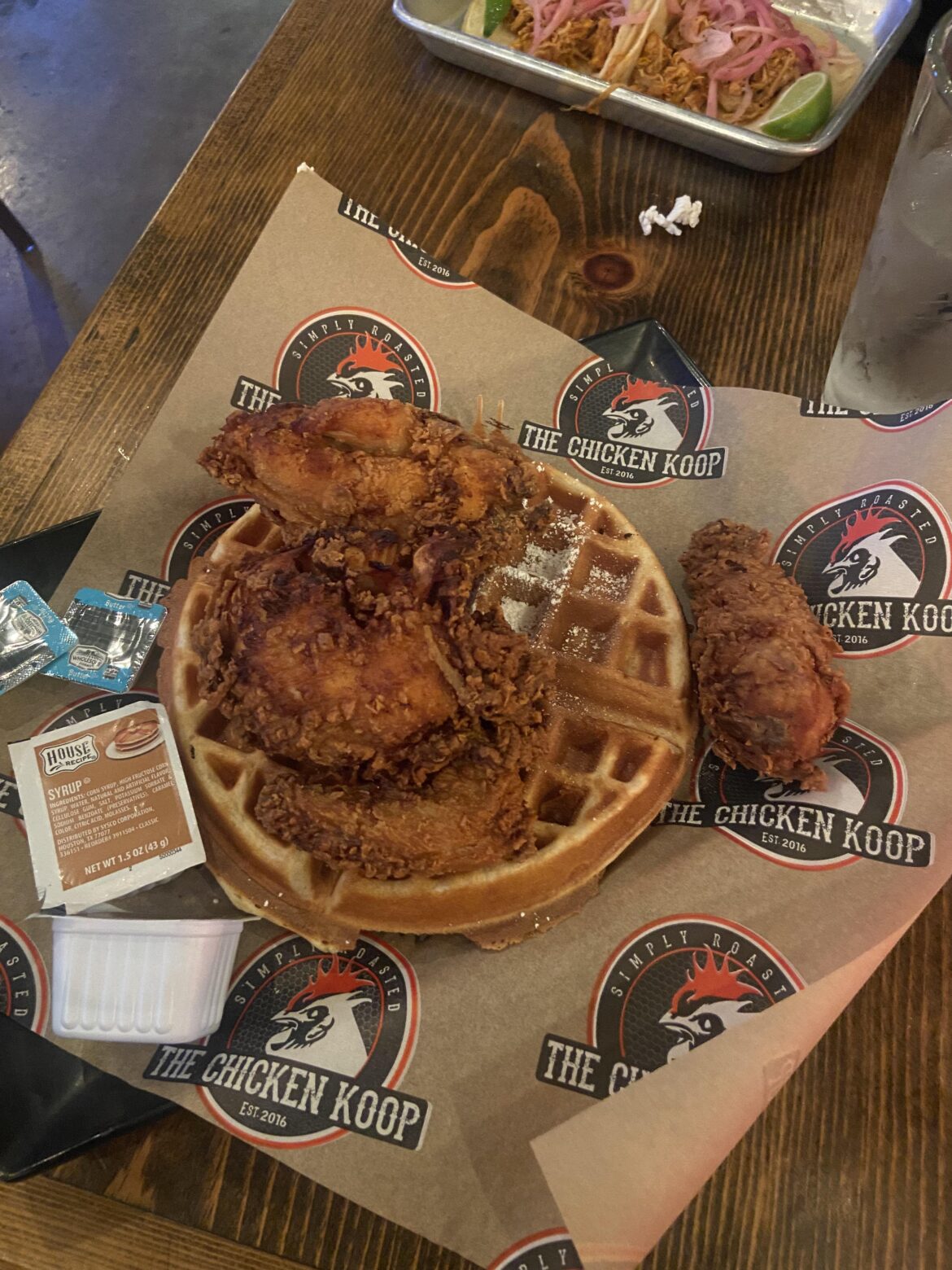 Fried chicken and waffle from The Chicken Koop in Alhambra, CA. The chicken is tasty and the waffle is everything you’d expect. Paid $18 for the dish.
