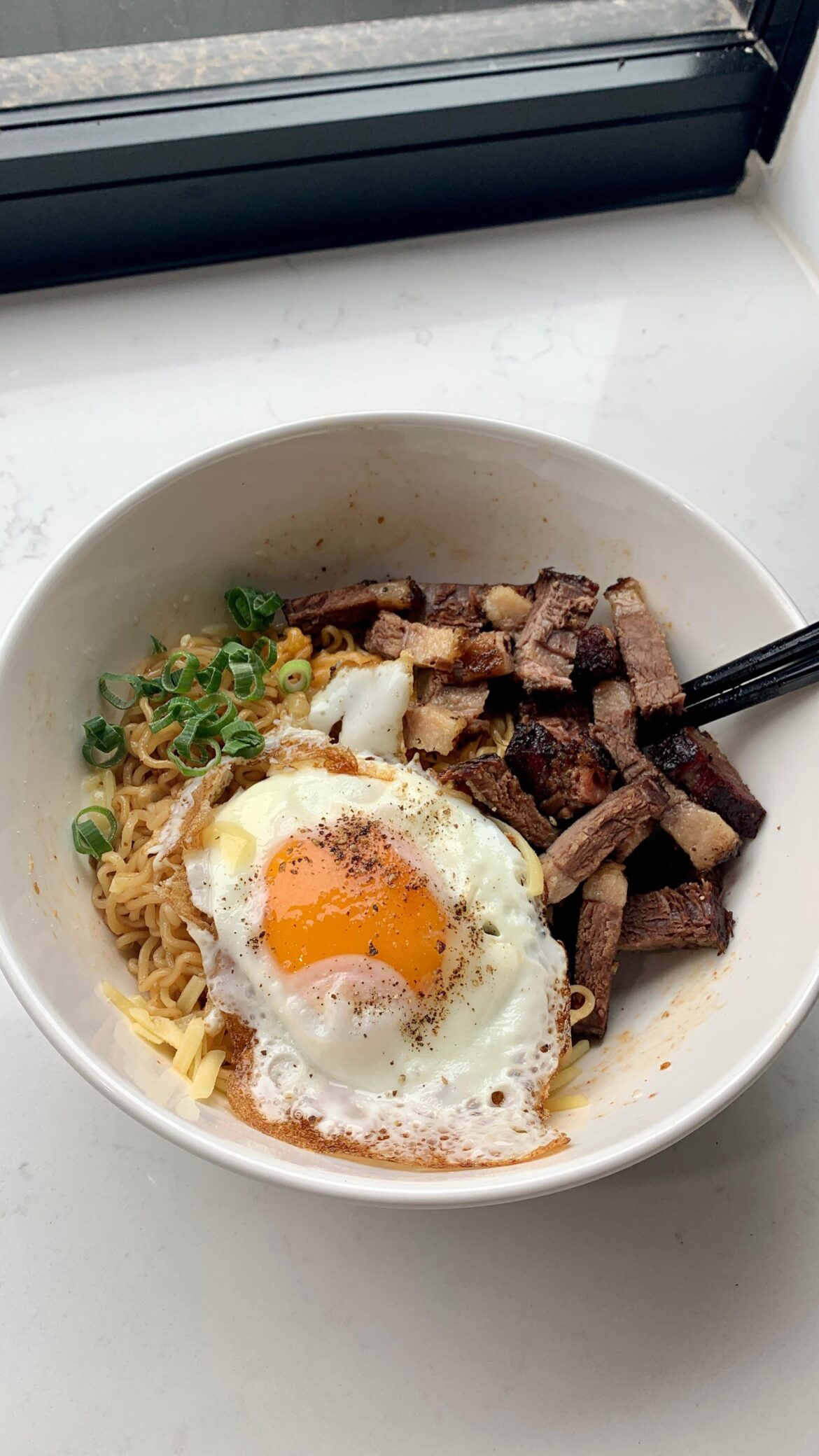 Leftover brisket, cheese, and migoreng