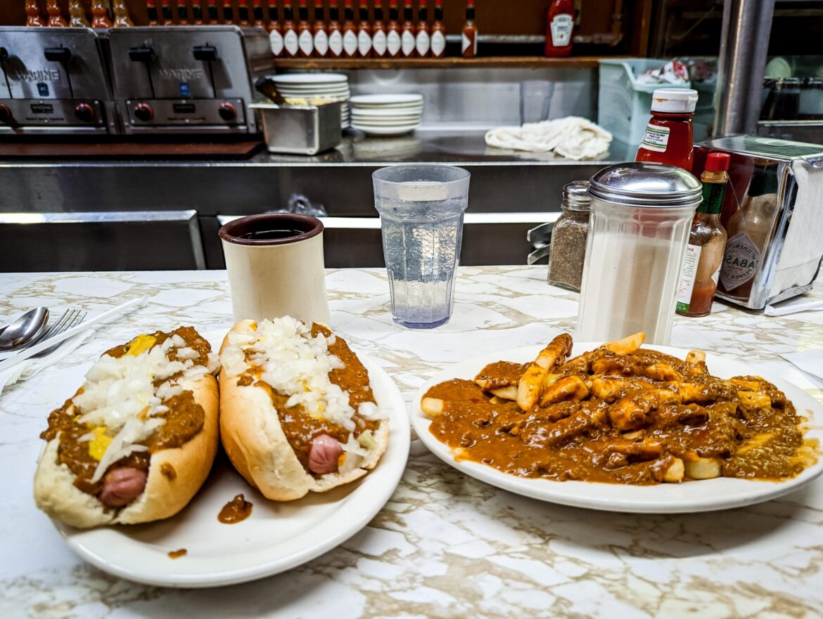 Two with everything + chili cheese fries from Duly's