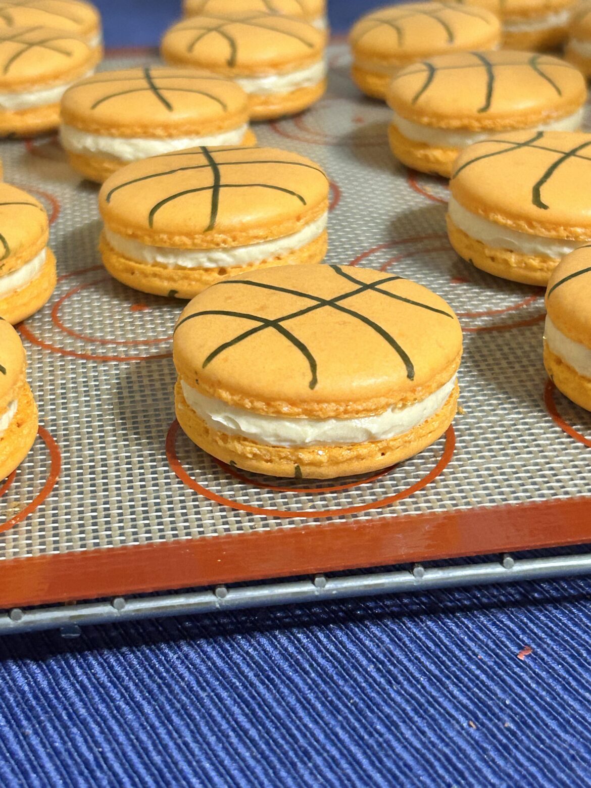Basketball Macarons for an Office March Madness Potluck! Salted Caramel Filling