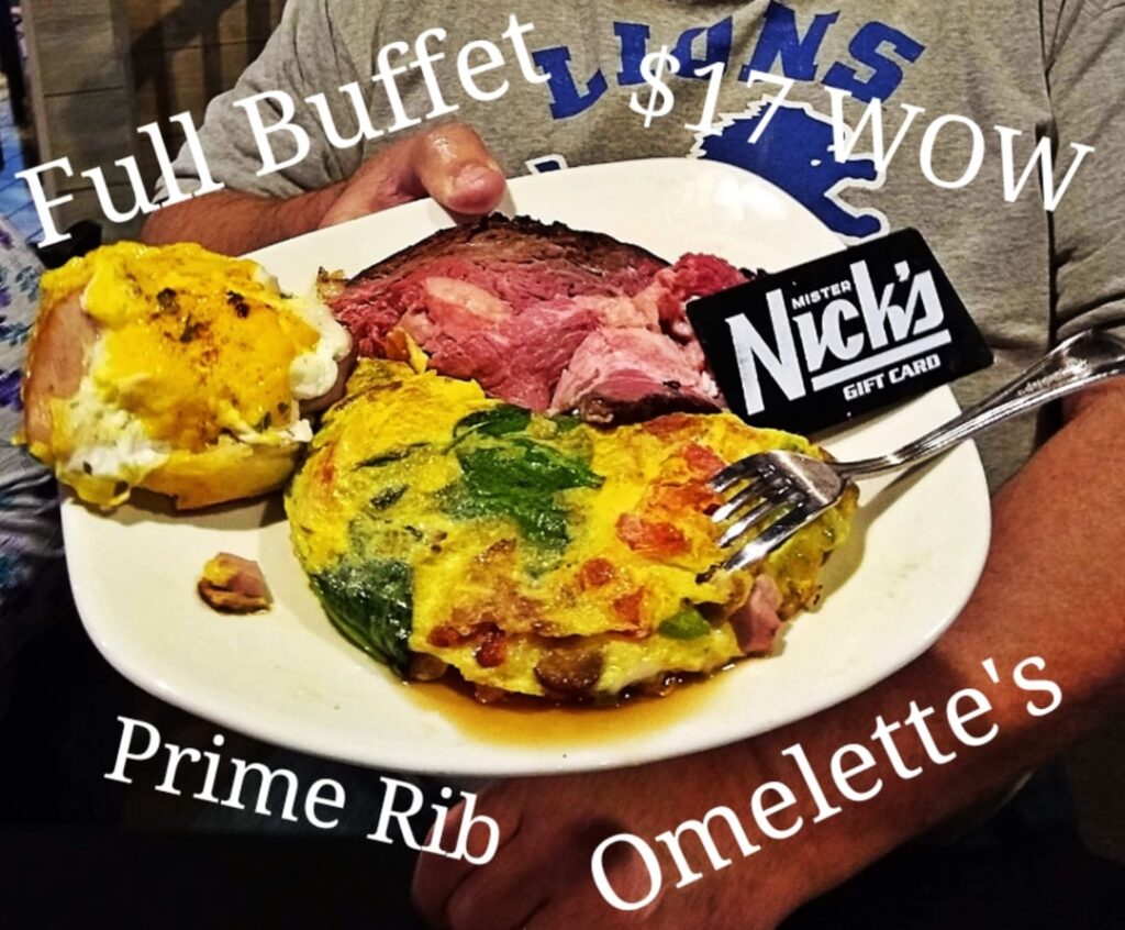 $17 Sunday Buffet 10-2 Prime Rib carving station included Mr Nick's Trenton Mi