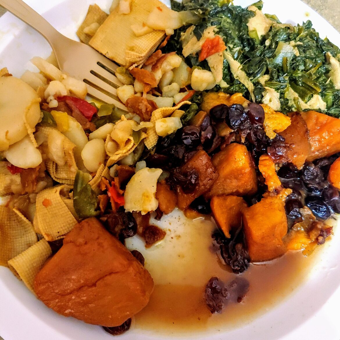 Vegan chitterlings, greens and yams. Vegan in the Hood LLC