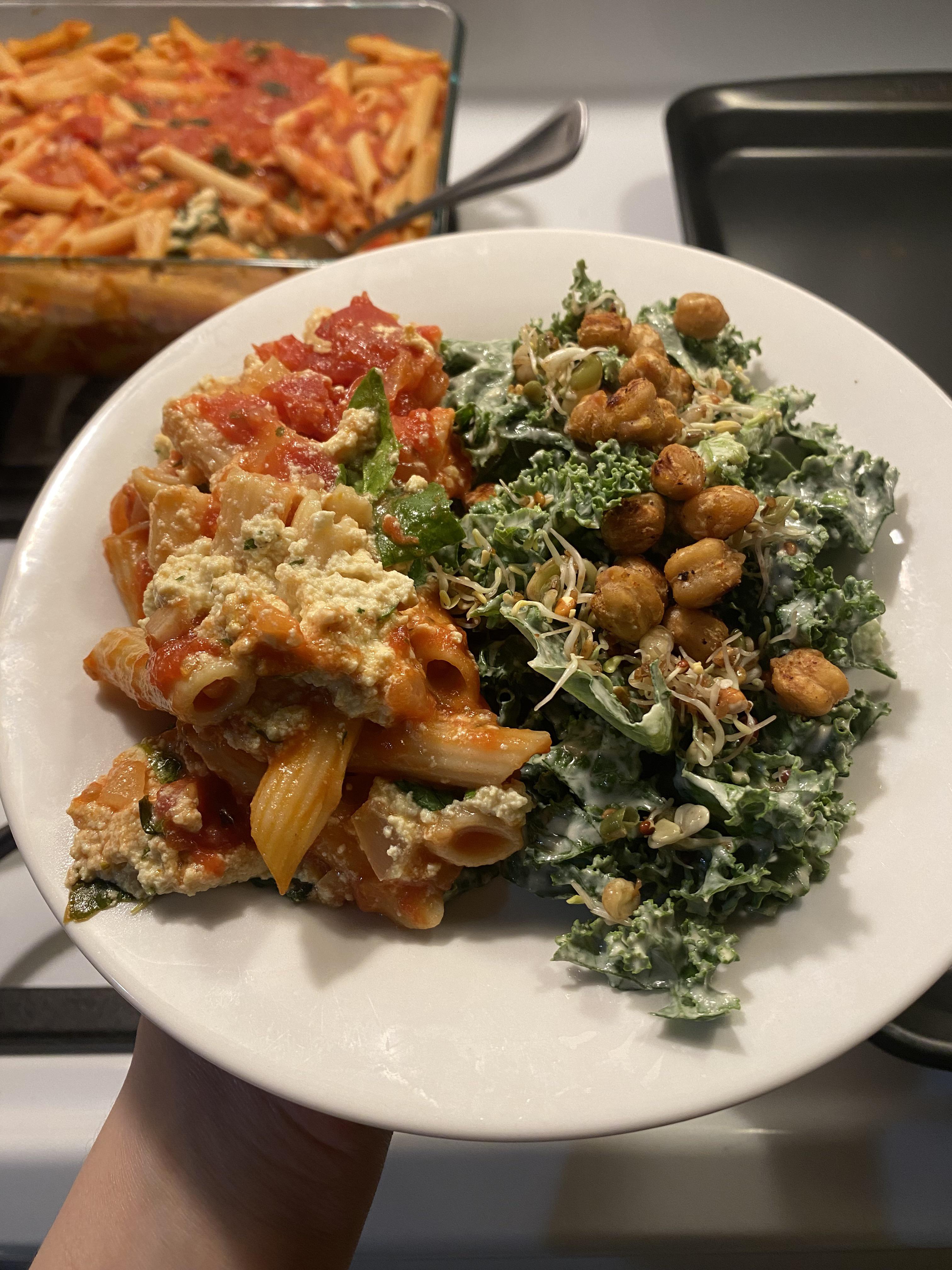 tofu ricotta baked ziti w/ kale caesar Dining and Cooking