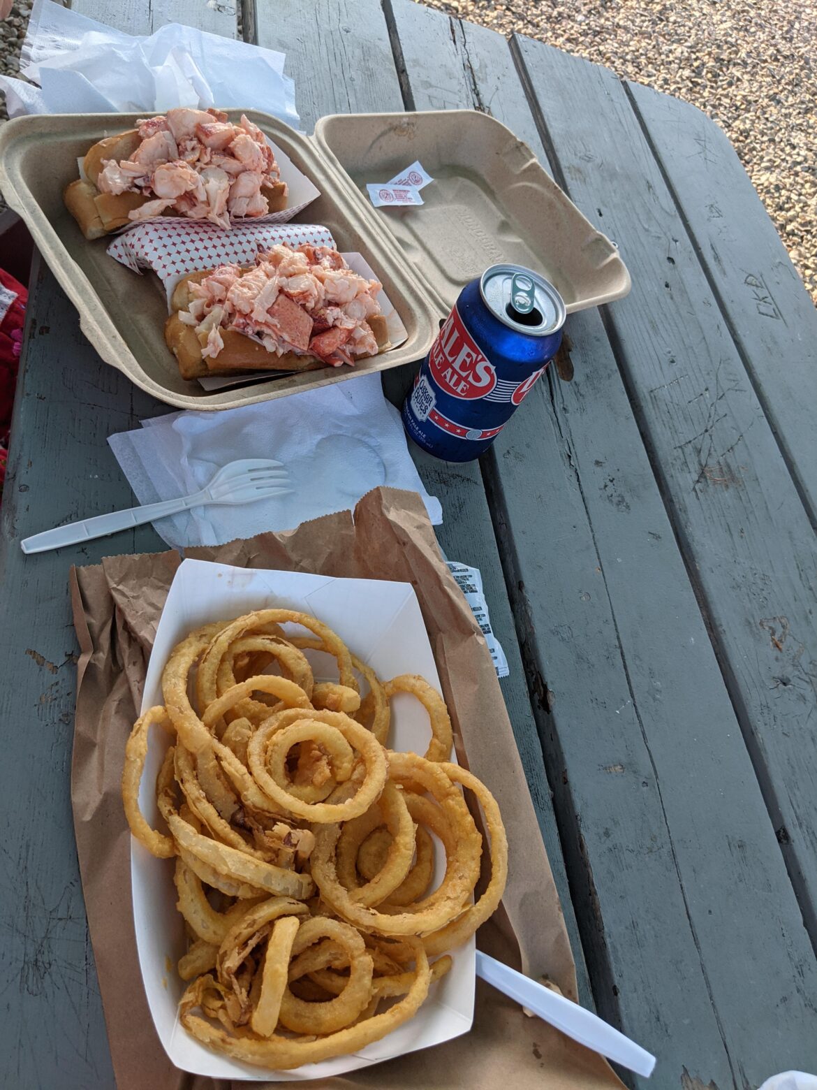 Lobster rolls and onion rings, Green Harbor Lobster Pound, Marshfield Mass.