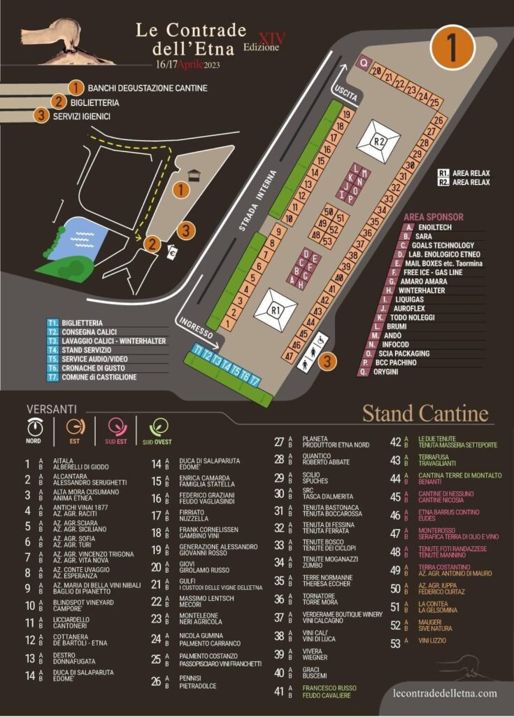 This is the map for this years “Le Contrade dell’Etna” wine festival. All wineries are color coded according to their location on Etna. Where would you go first?