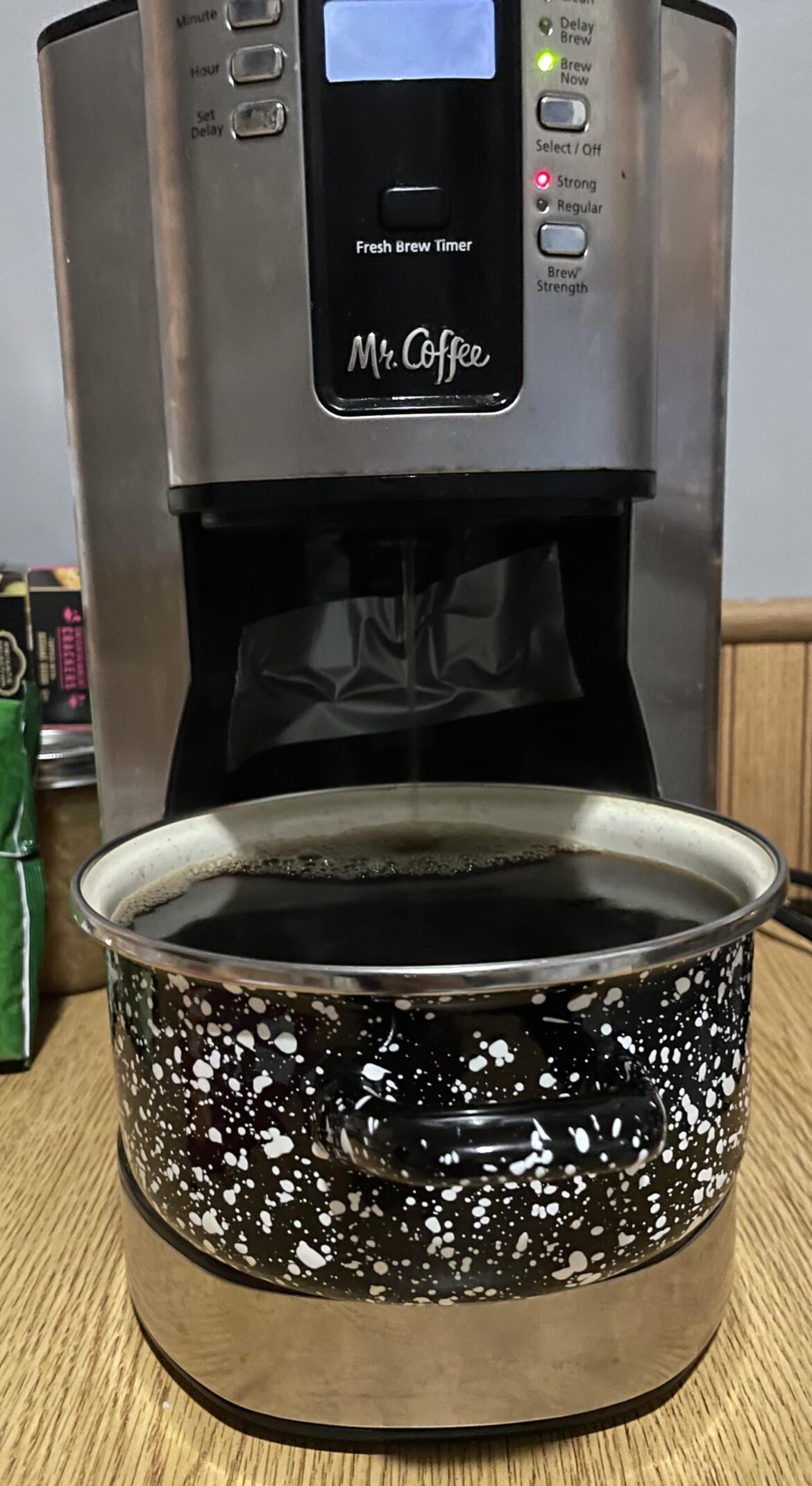 Made a literal pot of coffee. Broke the carafe rinsing it out as I was getting ready to brew. Also this was right after buying $50 worth fresh beans. Note the duct tape holding the drip thing open. Worked perfectly… except a ladle would have been useful lol.