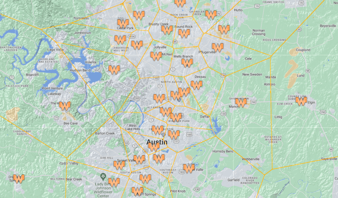 Voronoi map of Whataburger locations in Austin and the surrounding areas