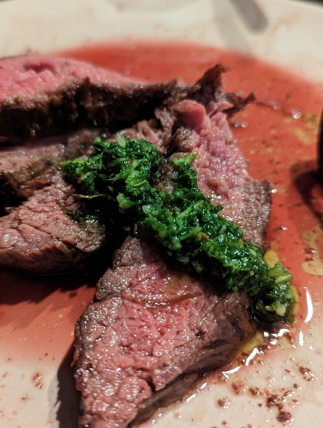 [homemade] Bavette steak in skillet with chimmichuri. Dining and Cooking