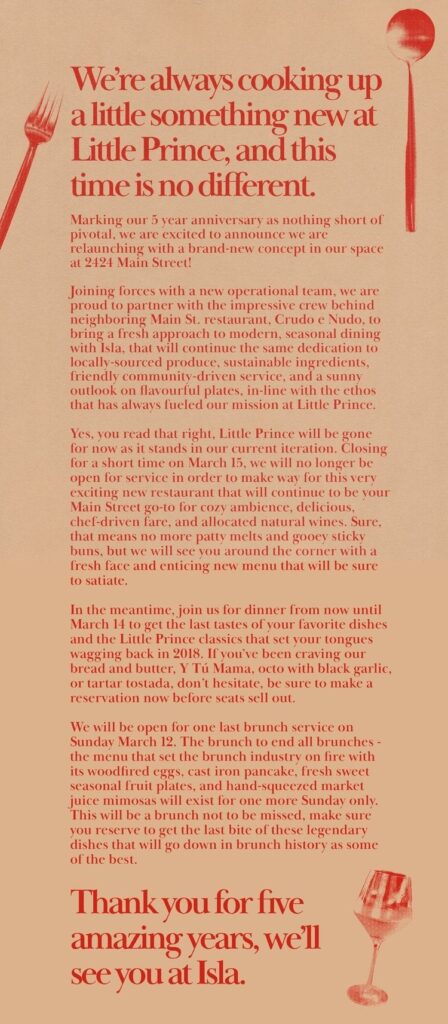 Little Prince in Santa Monica closing, relaunching as Isla