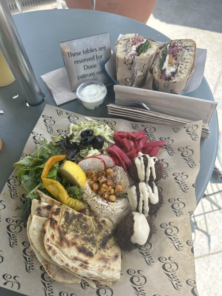 Hummus & Falafel Plate, Pickled Beets Sandwich at Dune in Atwater Village