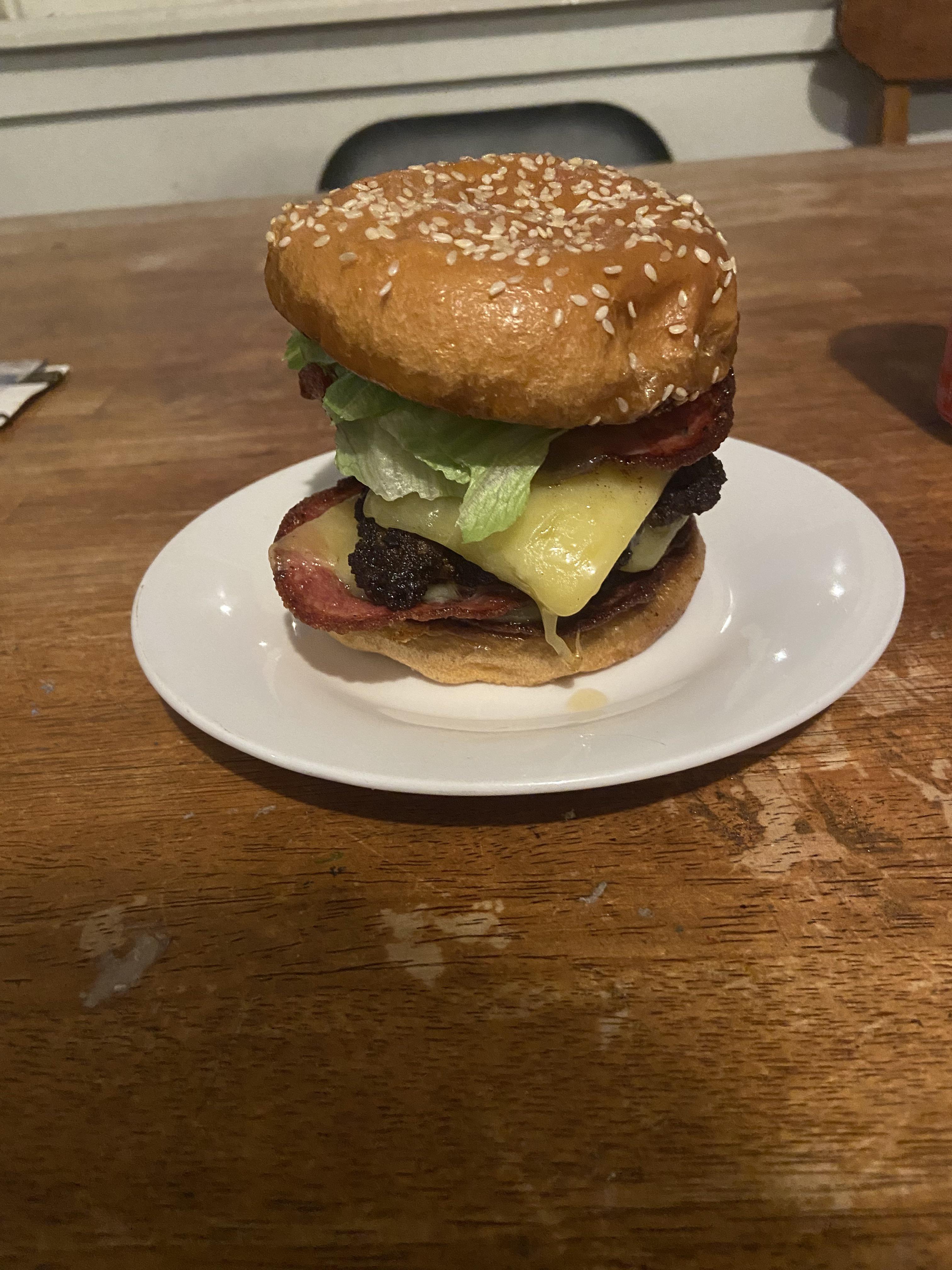 Double cheeseburger with fryed salami Dining and Cooking