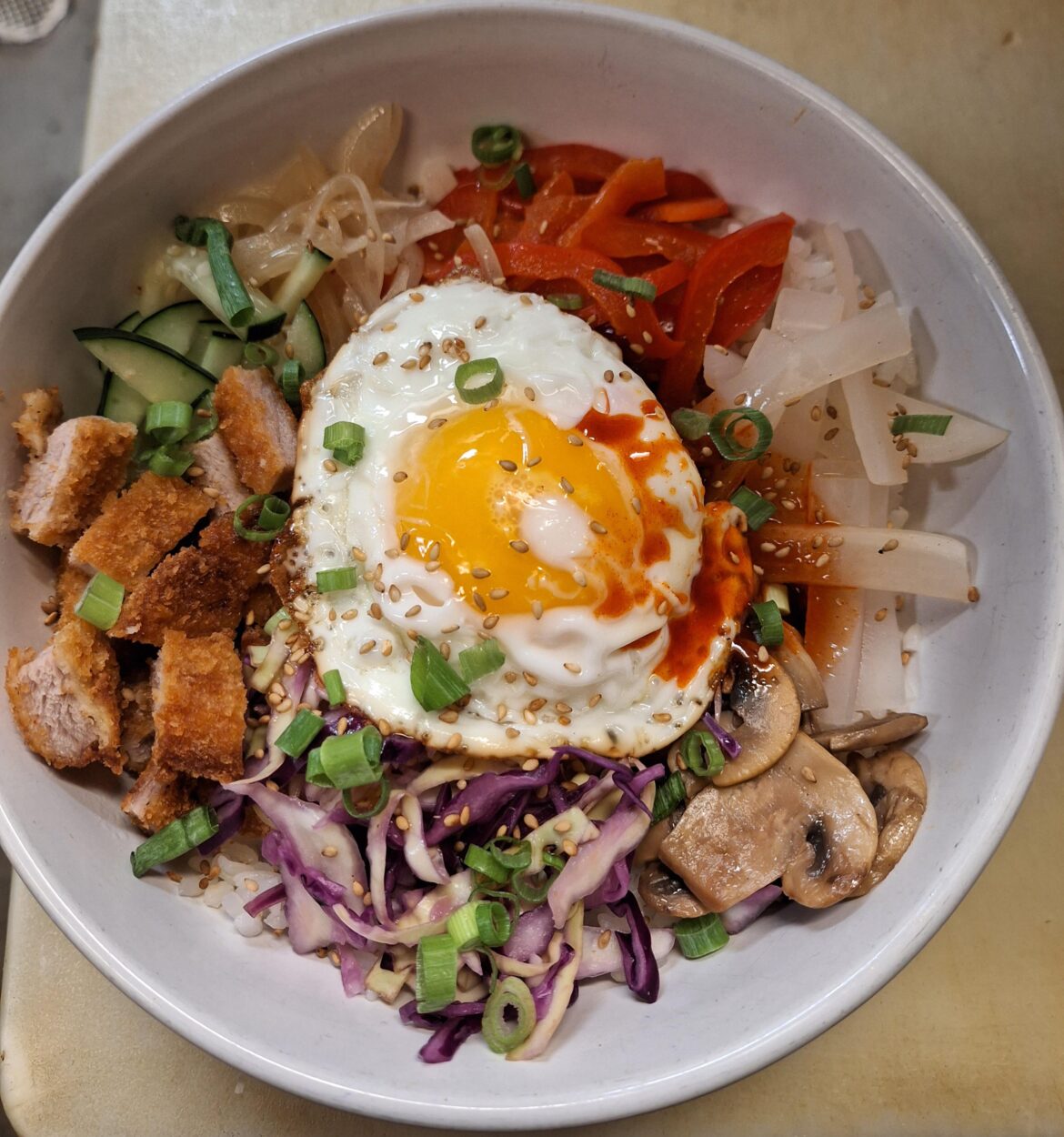 We just recently added bibimbop at the sushi restaurant I work.. this is my lunch. 🤤