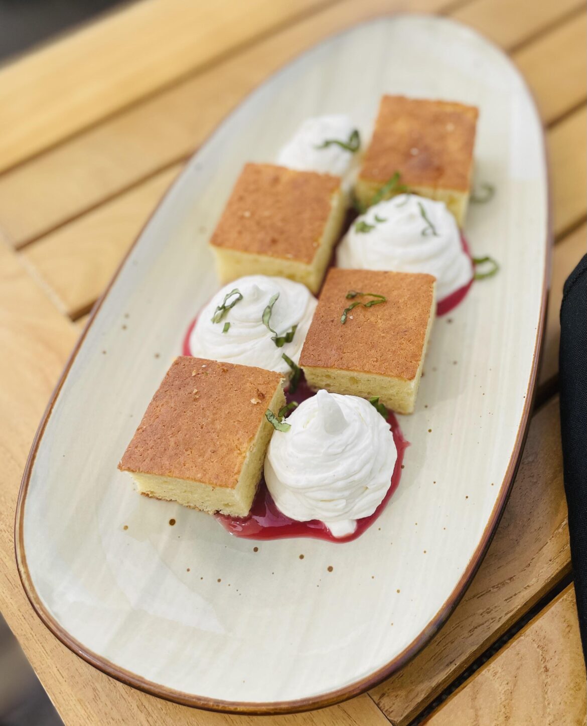 Ricotta Poundcake, Raspberry Coulis, Whip, Basil