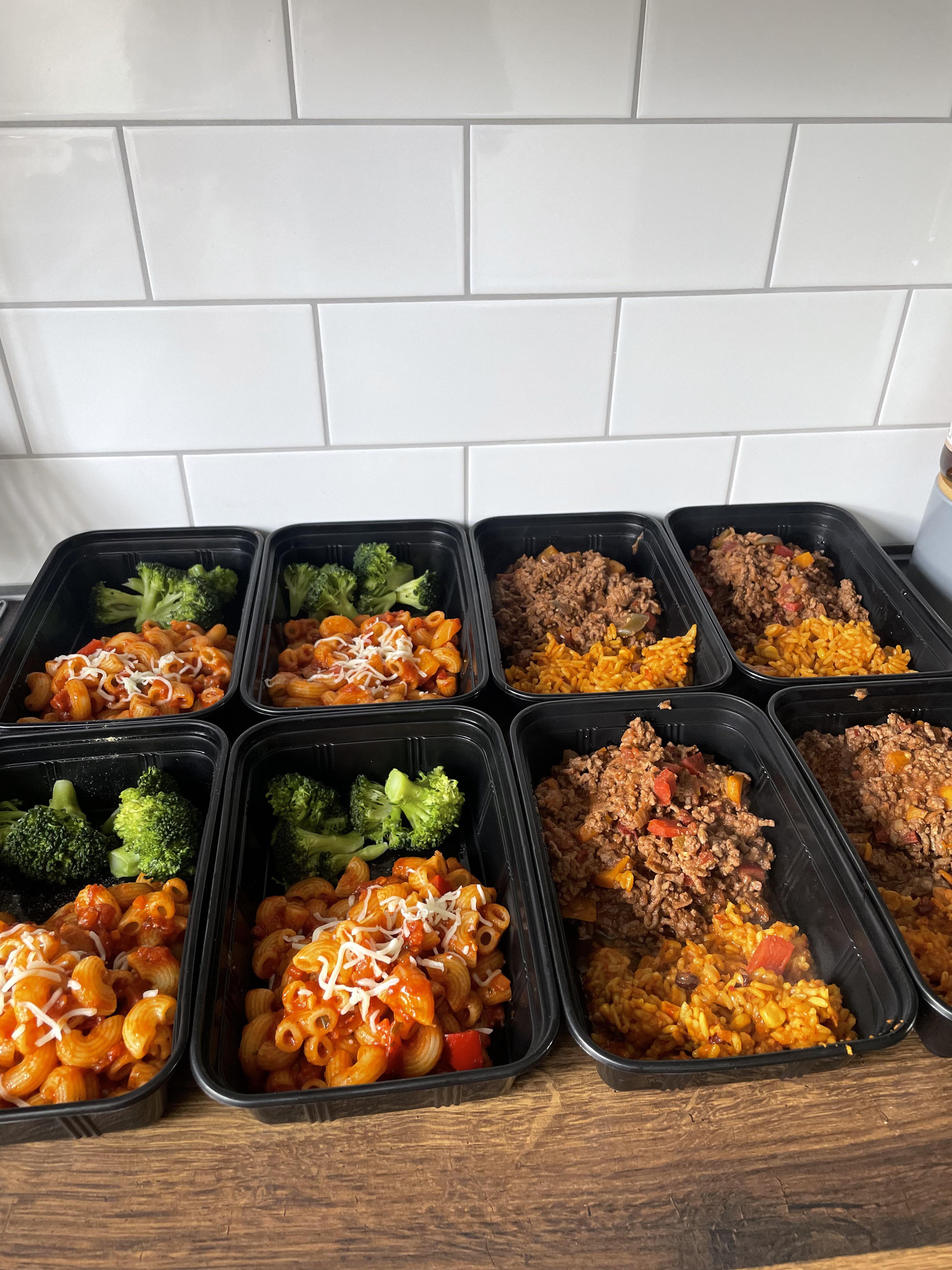 Shift meal prep, Mexican mince with rice and veggie pasta with Brocolli