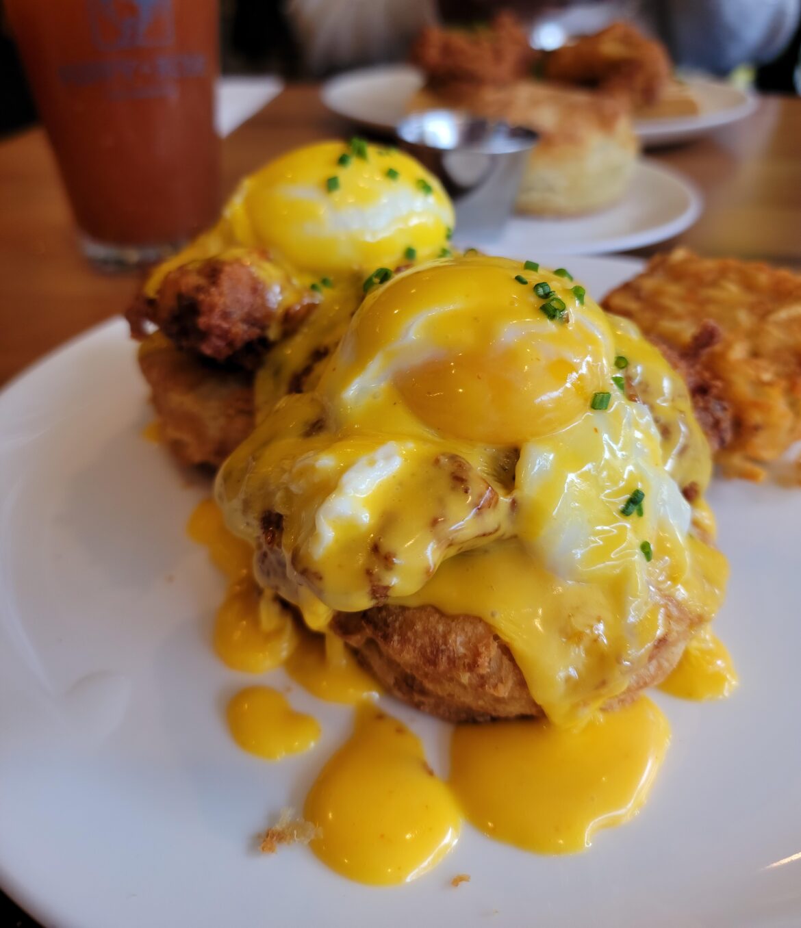Eggs benedict with fried chicken from Poppy + Rose
