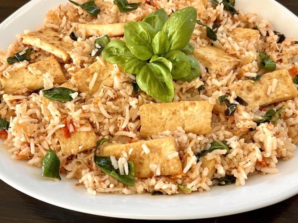 Thai-style coconut, basil and tofu fried rice.
