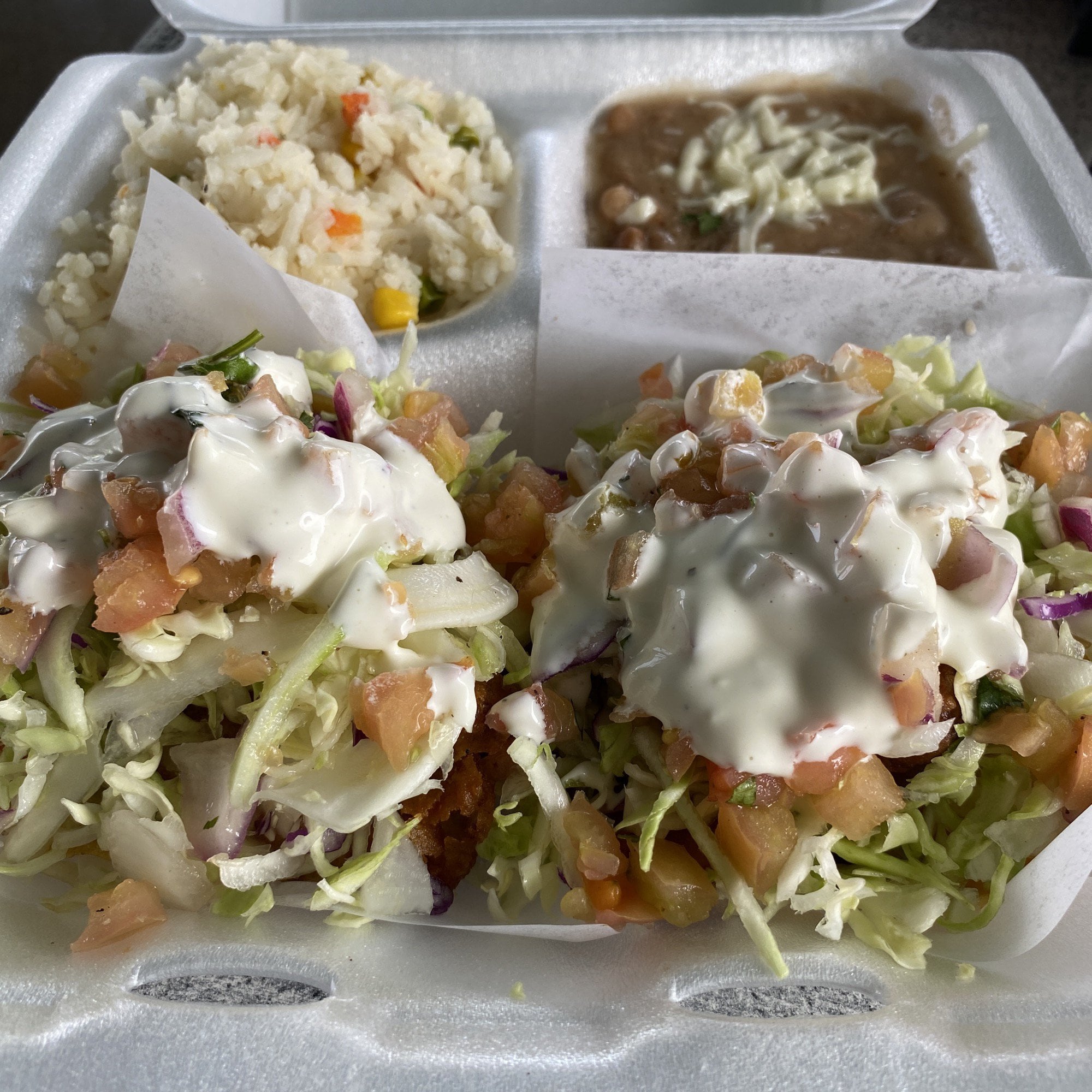Fish tacos + rice & beans. Baja California Tacos on Venice Blvd near