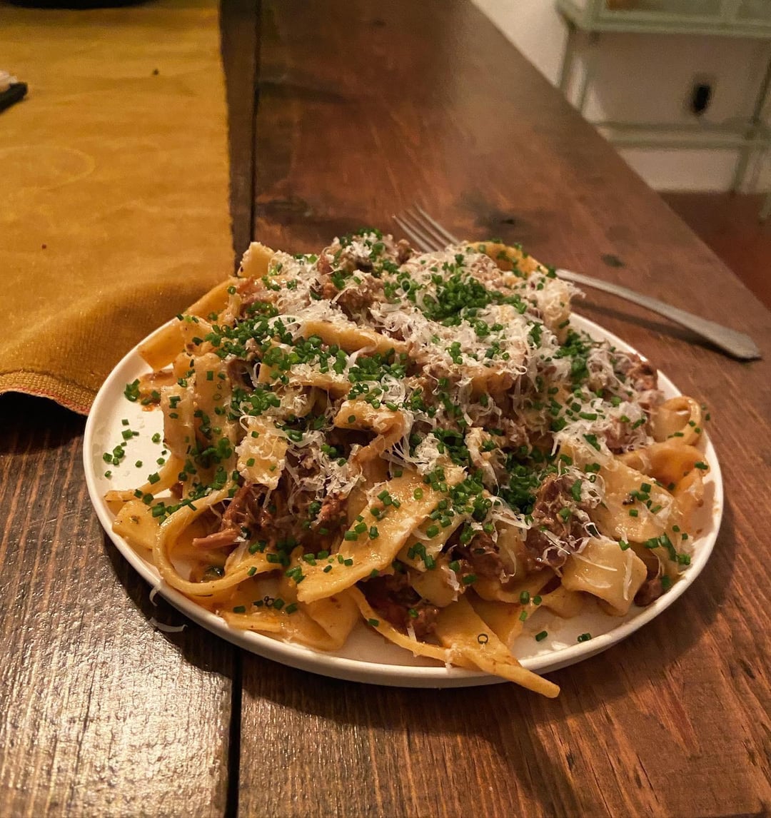 [Homemade] Duck yolk pappardelle, bolognese, parmigiano reggiano