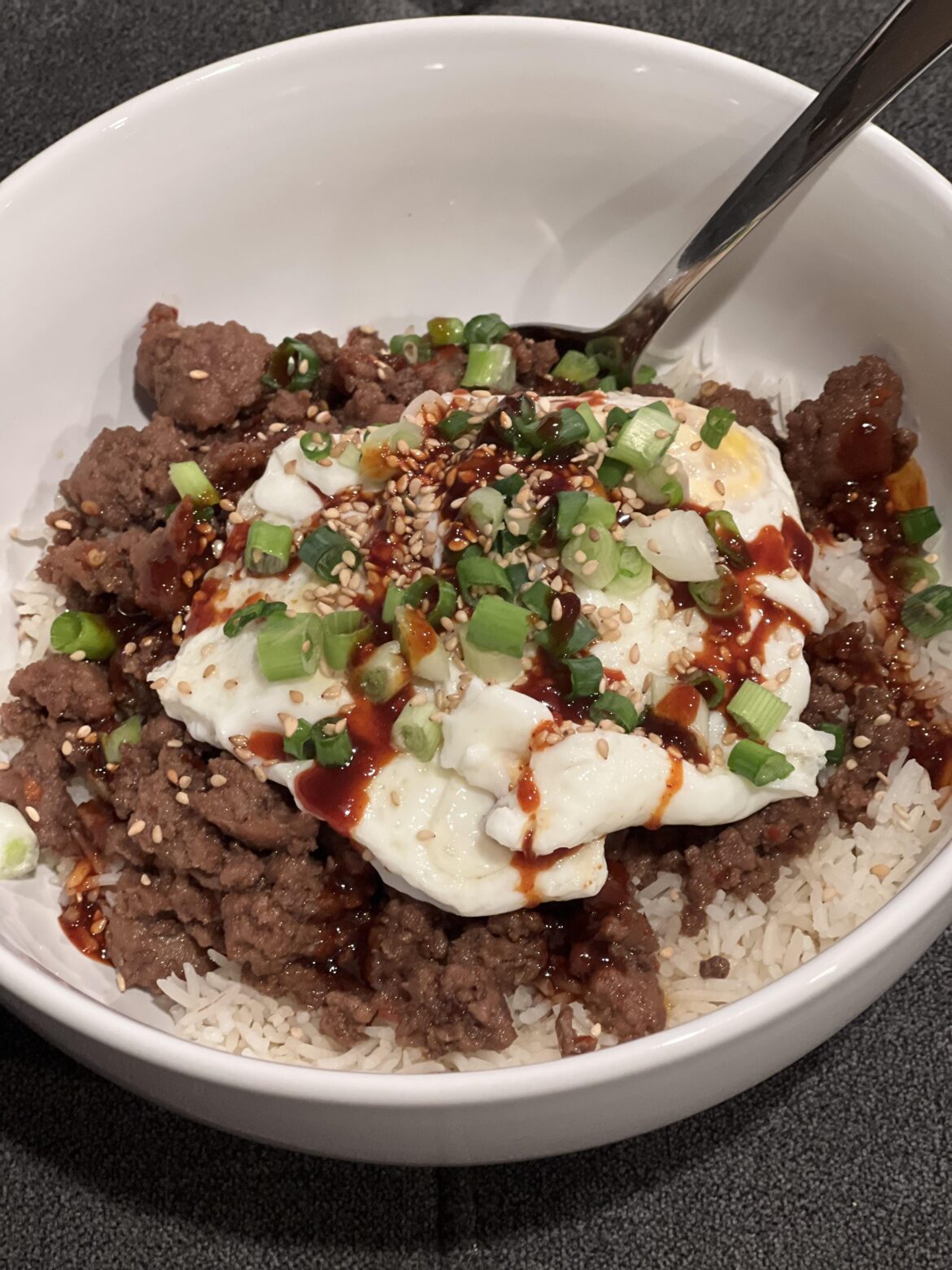 My Favorite weeknight dinner. Maple Sesame Beef with eggy topper.