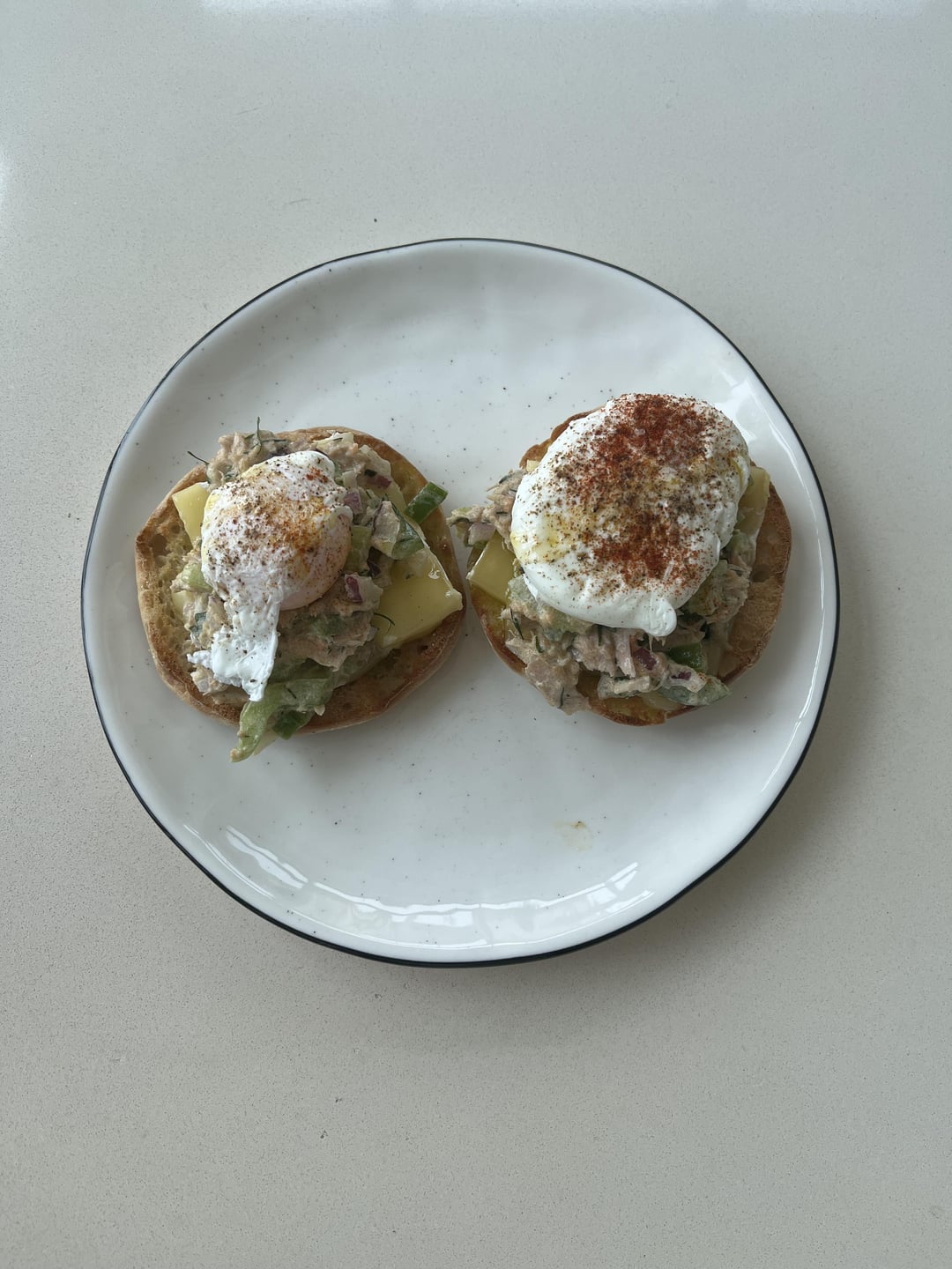 I made poached eggs on a bed of tuna salad and Brie cheese on toasted