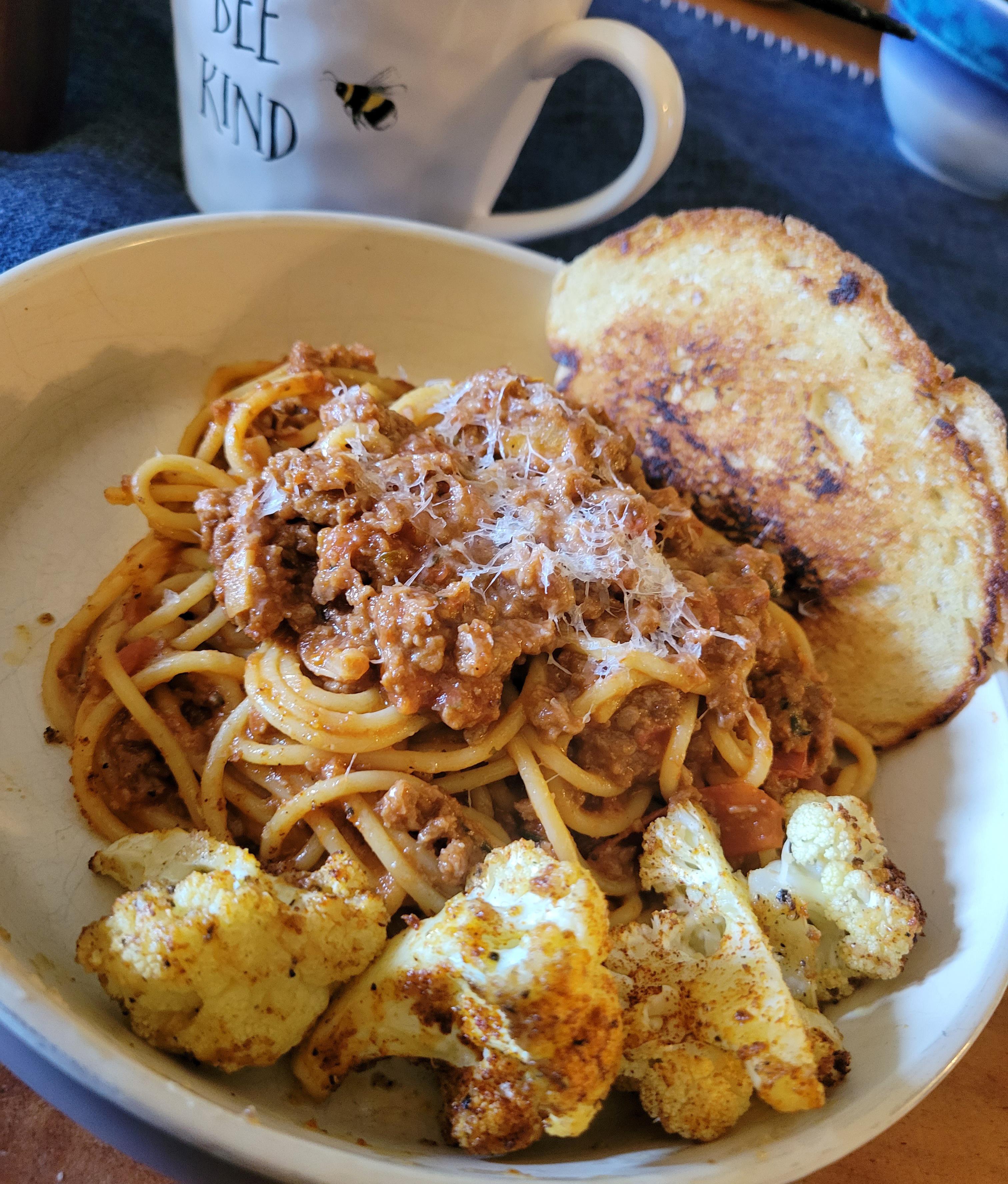 Spaghetti with (impossible) meat sauce. Plus some cauliflower. Dining and Cooking