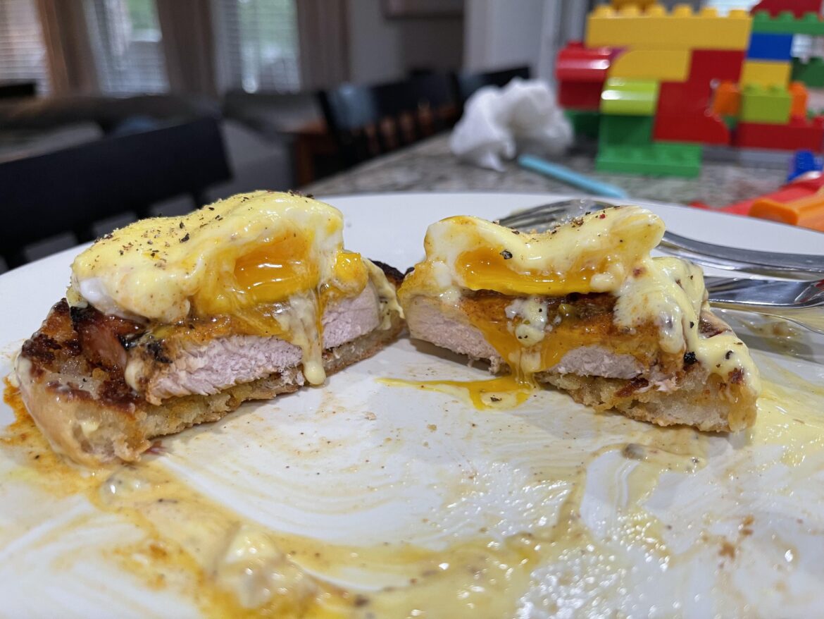 [OC] Pork Chop Benedict ft. Kenji’s Easy Hollandaise and Poached Eggs