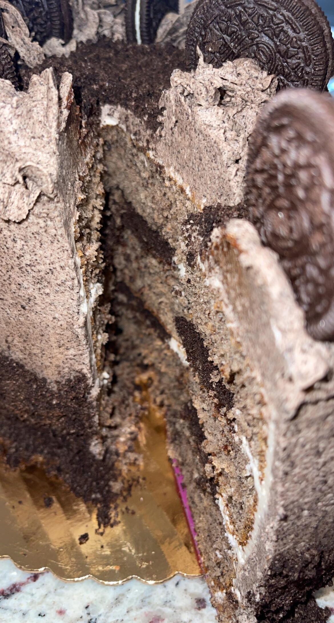 Oreo cake with a fudge filling with cookie crumble! Has a Oreo buttercream