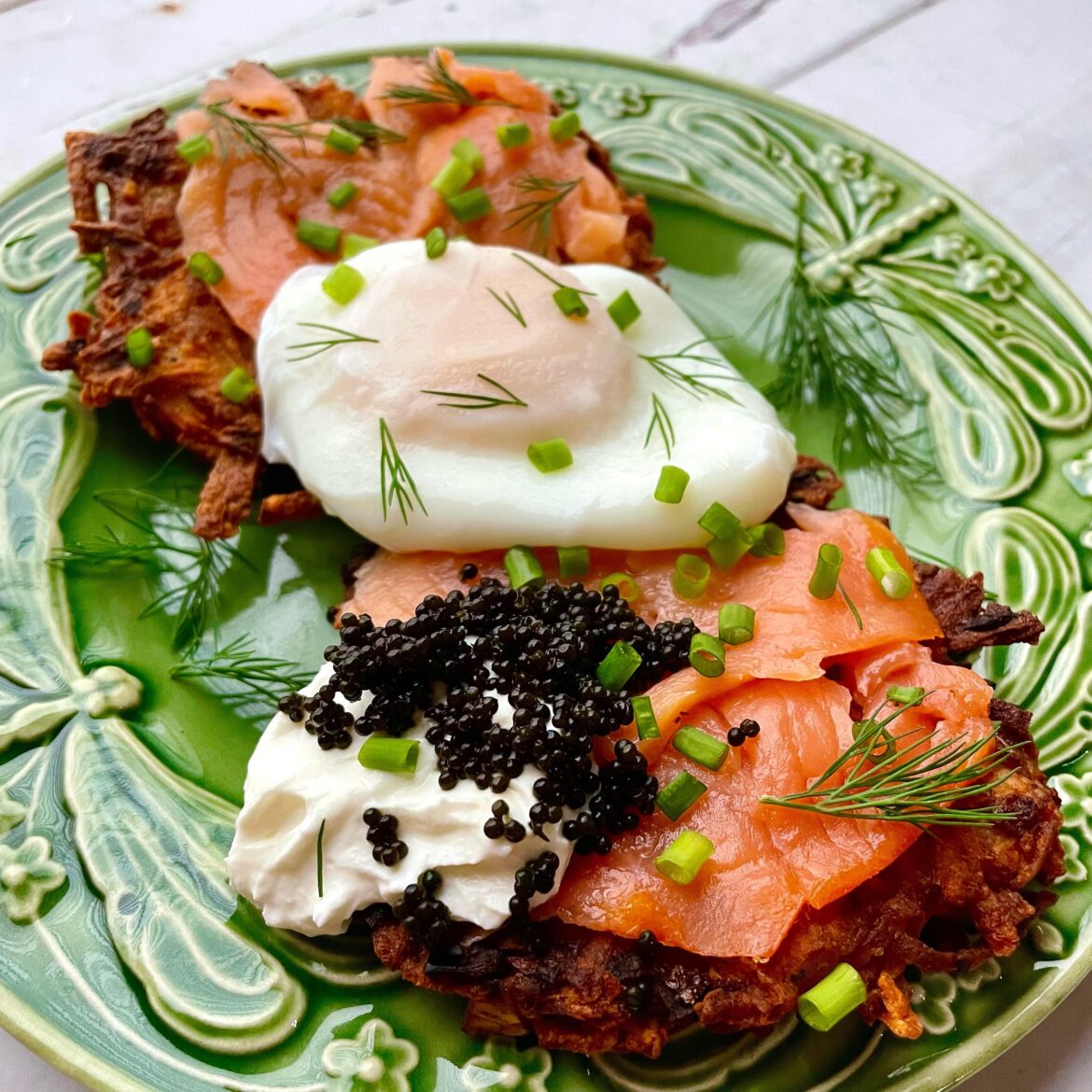 Latkes with Lox (AKA Smoked Salmon,) a Poached Egg, Sour Cream, Dill, and Cheapo Supermarket Caviar