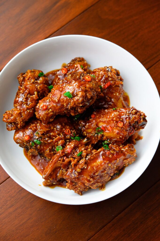 Spicy Korean fried chicken wings.