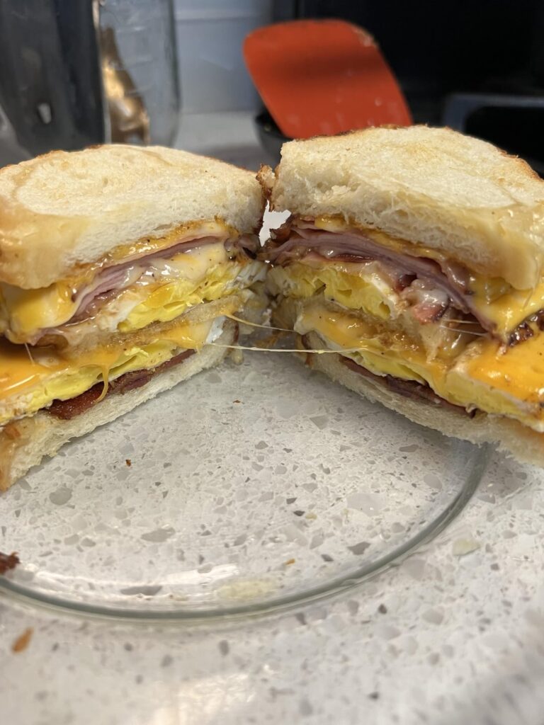 Double decker breakfast sandwich