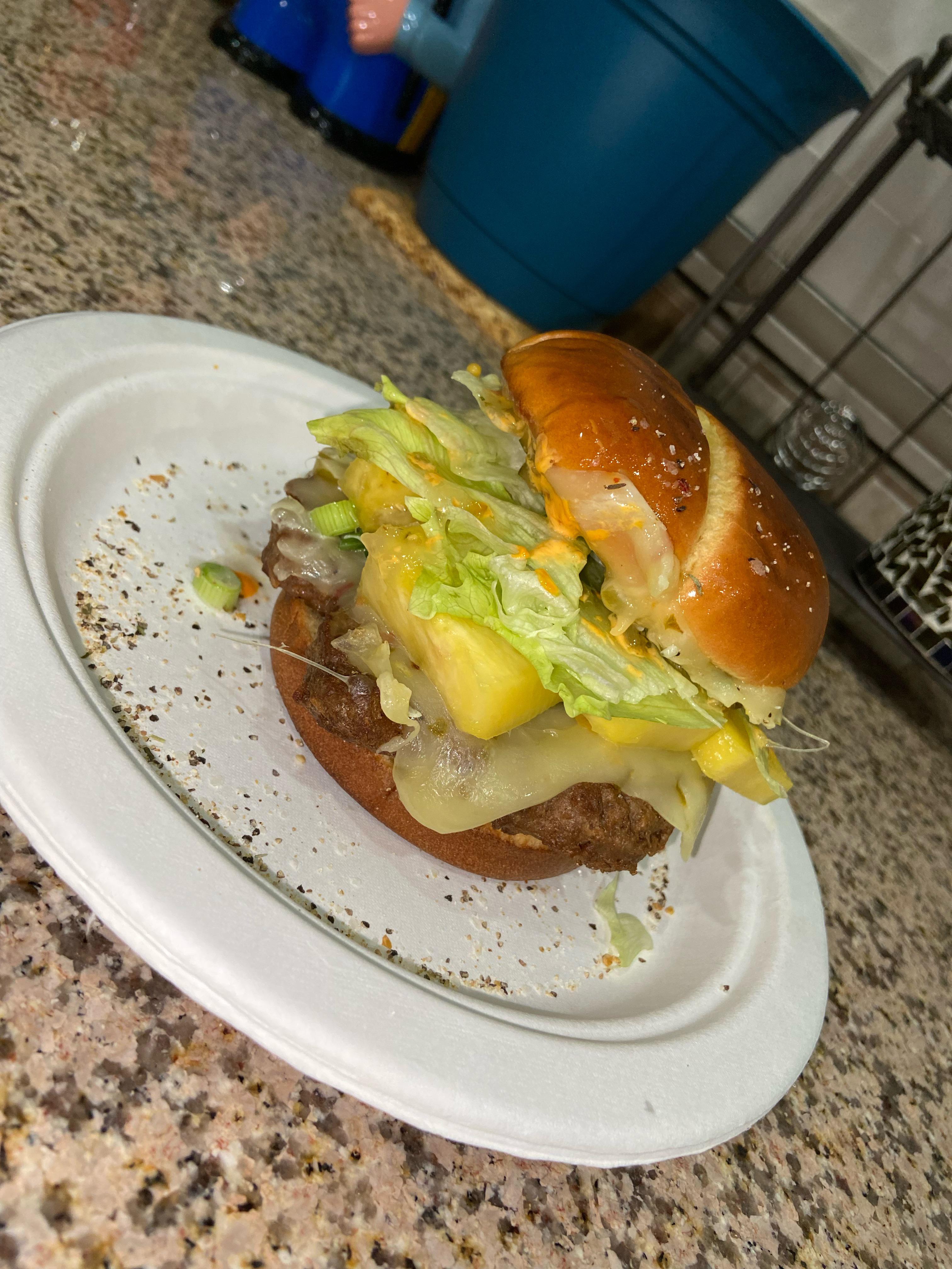Angus patty, Habanero jack, green onions, jalapeños, sliced pineapple