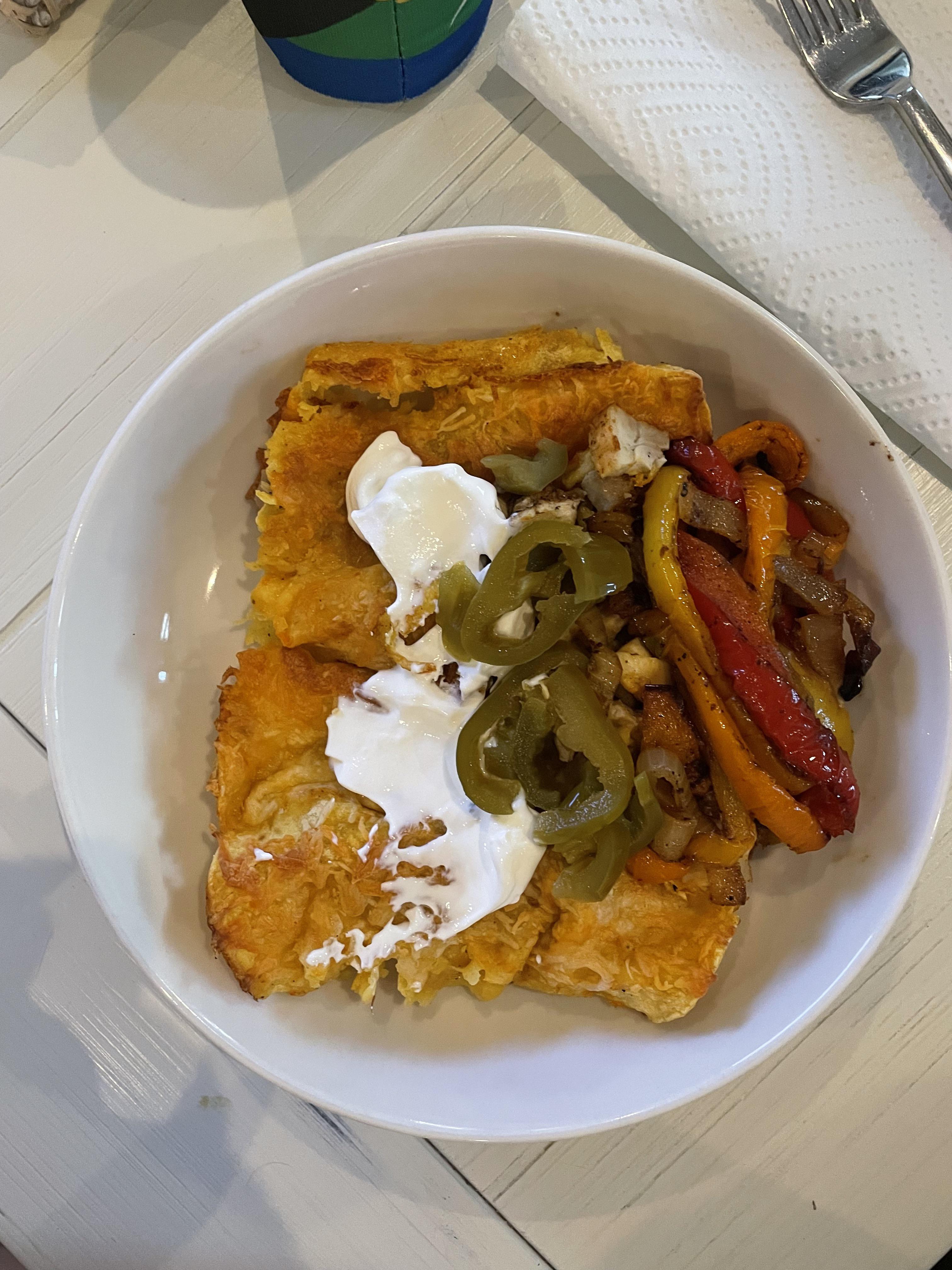 Chicken Enchiladas, Peppers and Onions (642 cals) Dining and Cooking
