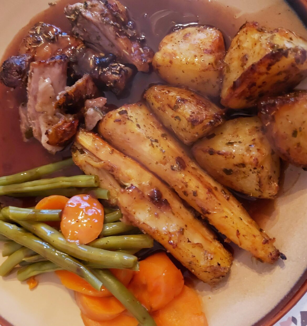 Lemon, Basil and Rosemary Roast Lamb with Red Wine Gravy.