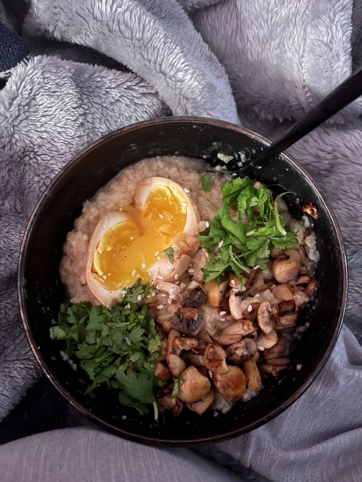 We’ve got the flu at my house so I made some delicious congee with of course a marinated egg