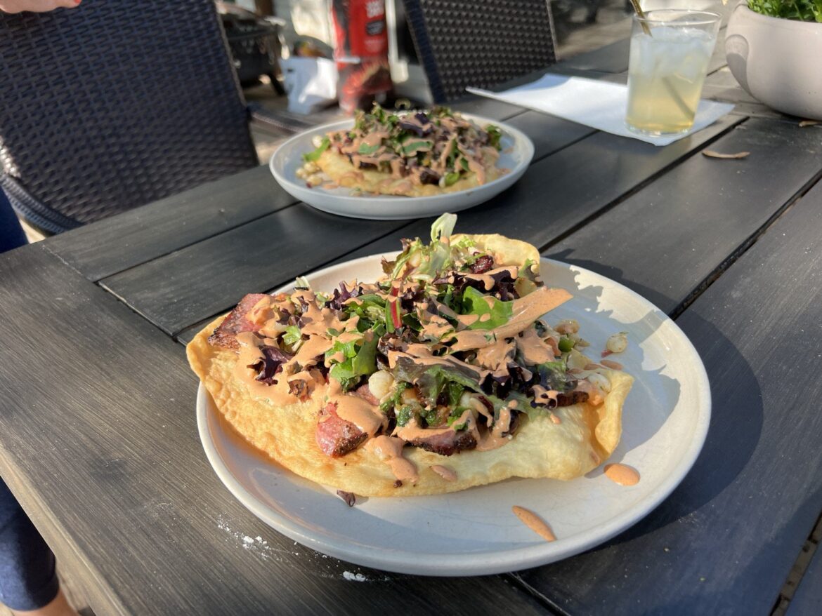 Osage fry bread tacos with New York strip and hominy cranberry salsa