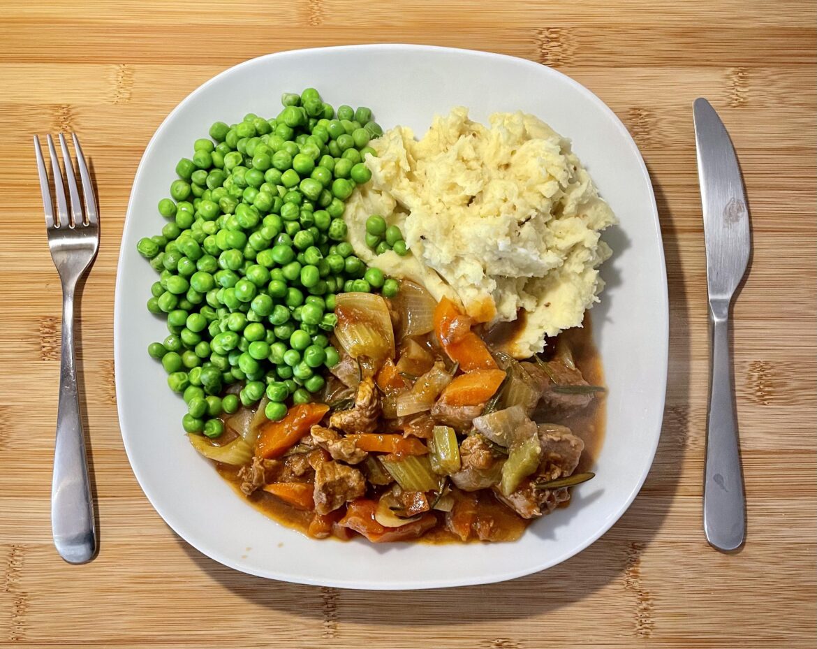 Beef and Guinness Stew, Mustard Mash, Peas.